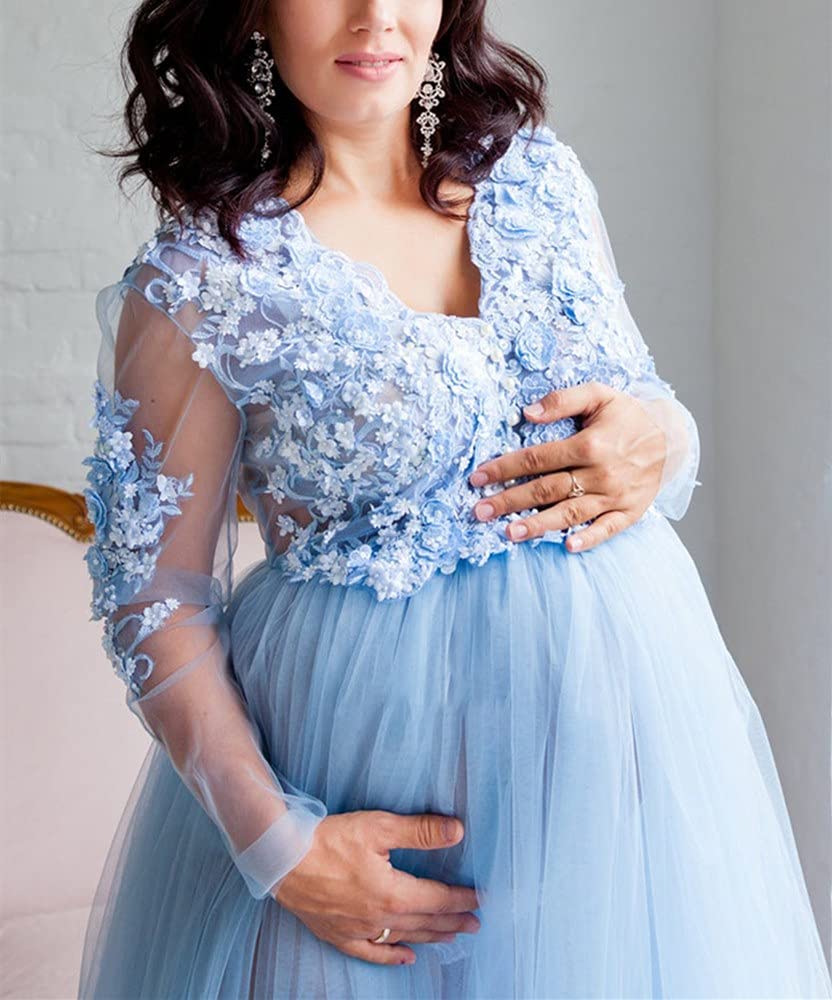 Elegant Maternity Tulle Bathrobe Dress for Photoshoot - Sexy V-Neck Long Lace Gown with Flowing Train | Perfect for Maternity Photos, Bridal Shower & Boudoir Photography