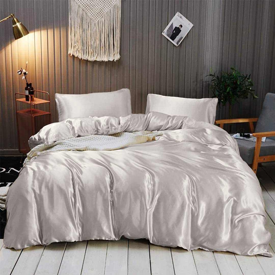 Luxury 7-Piece King Silk Satin Sheet Set - Breathable Cooling Bed Sheets with Deep Pockets - Wrinkle-Free Hotel Quality Duvet Cover - Ivory Comfy Bedding for Master Bedroom & Guest Room