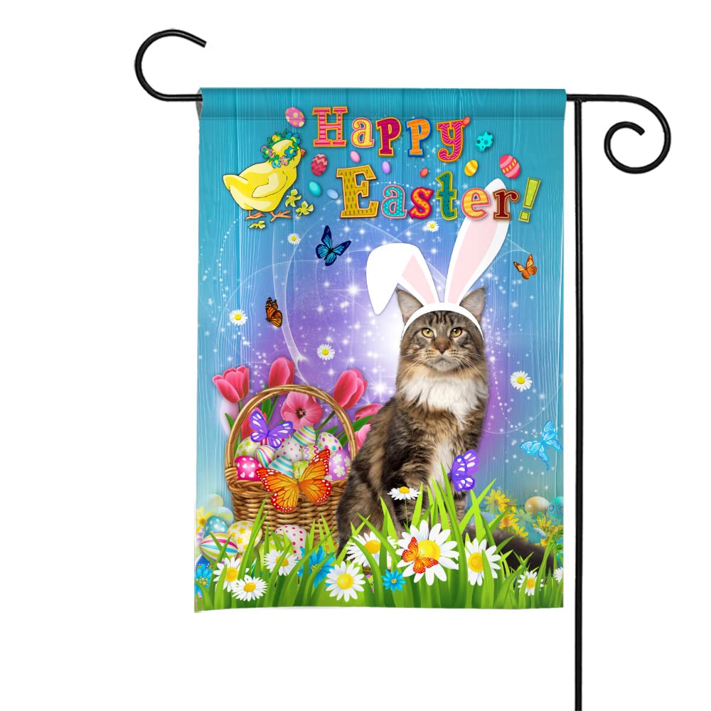 Easter Garden Flag with Bunny & Eggs - 11.5x17.5 Inch Spring Holiday Decor for Yard, Porch, or Front Door - Perfect for Cat Lovers & Easter Celebrations (Maine Coon Cat Design)