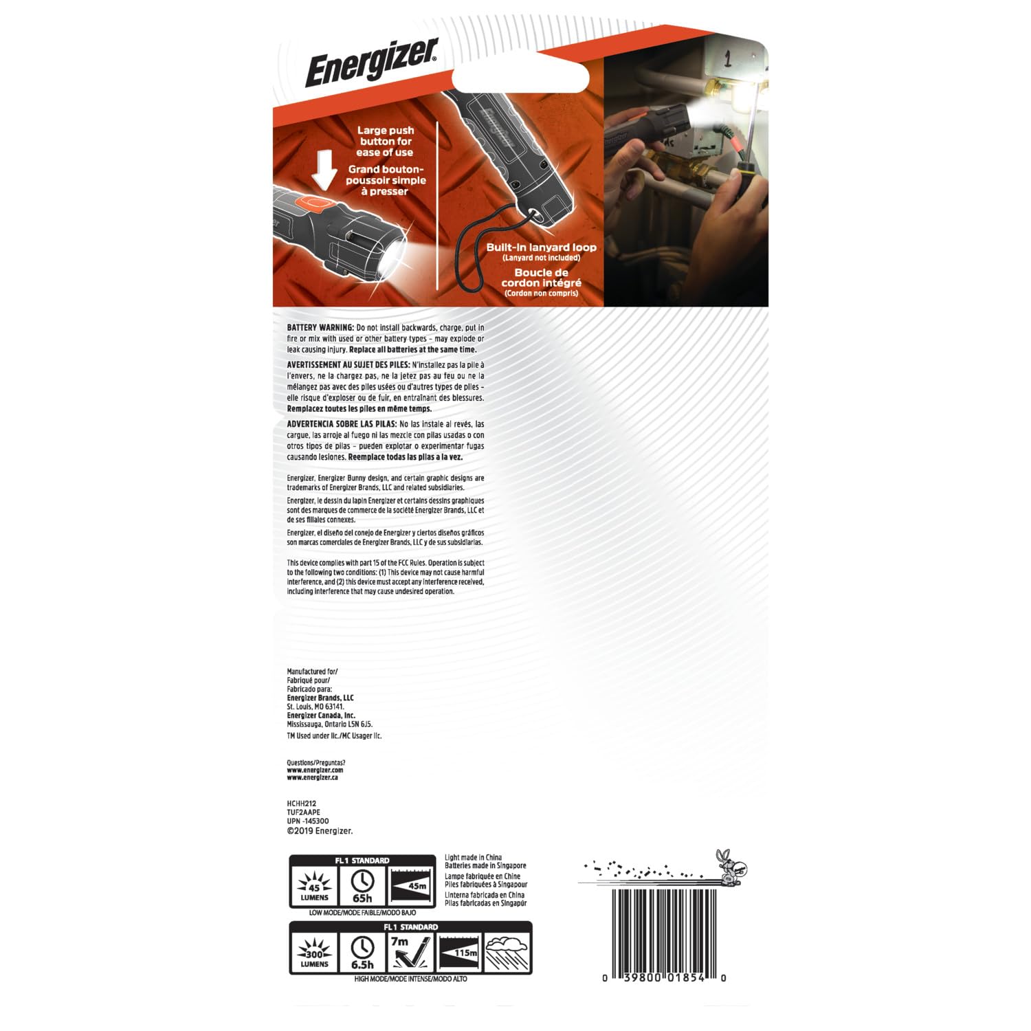 Energizer HC-300 LED Flashlight - IPX4 Water Resistant, Durable Smart Dimming LED Task Light with Batteries Included (Black/Gray) - Perfect for Camping, Hiking, Emergency & Home Use