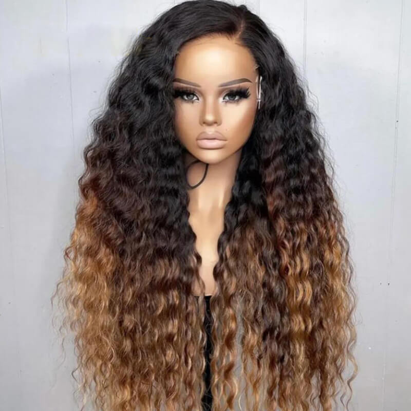 Eullair Ombre 1B/30 Brown Highlights Curly Human Hair Wig with 1B Roots Lace Frontal - Natural Look for Cosplay, Daily Wear & Special Occasions