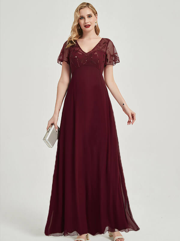 Burgundy Leaf Sequined V-Neck Ruffle Sleeves Chiffon Evening Dress for Women - Elegant Party Gown for Prom, Wedding, Cocktail & Formal Events