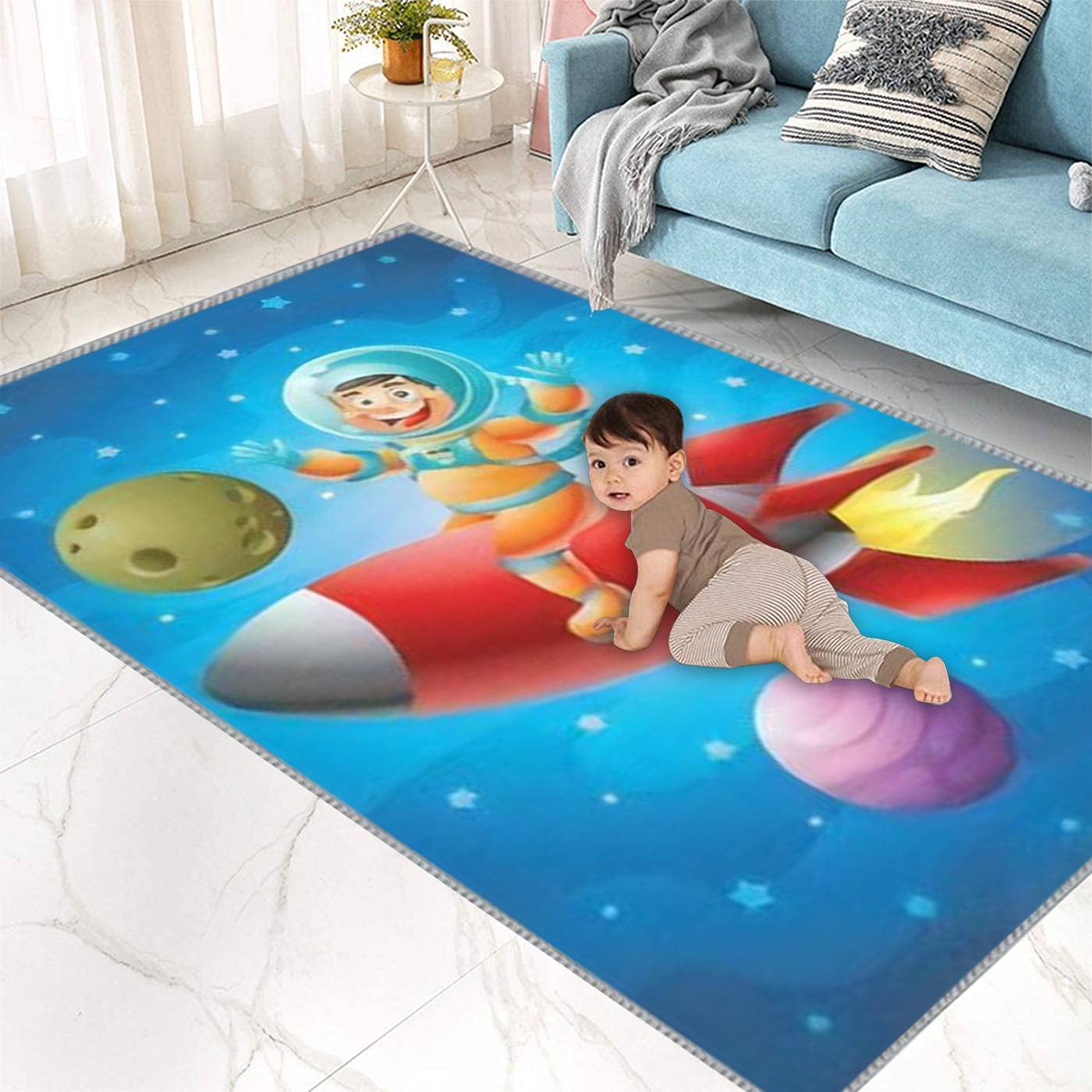 3D Astronaut Riding Red Rocket Ship Space Rug - Extra Large 5x8 ft Kids Play Carpet for Bedroom, Playroom & Nursery - Fun Learning & Playing Decor for Boys & Girls - Perfect for Space-Themed Rooms & Educational Play Areas