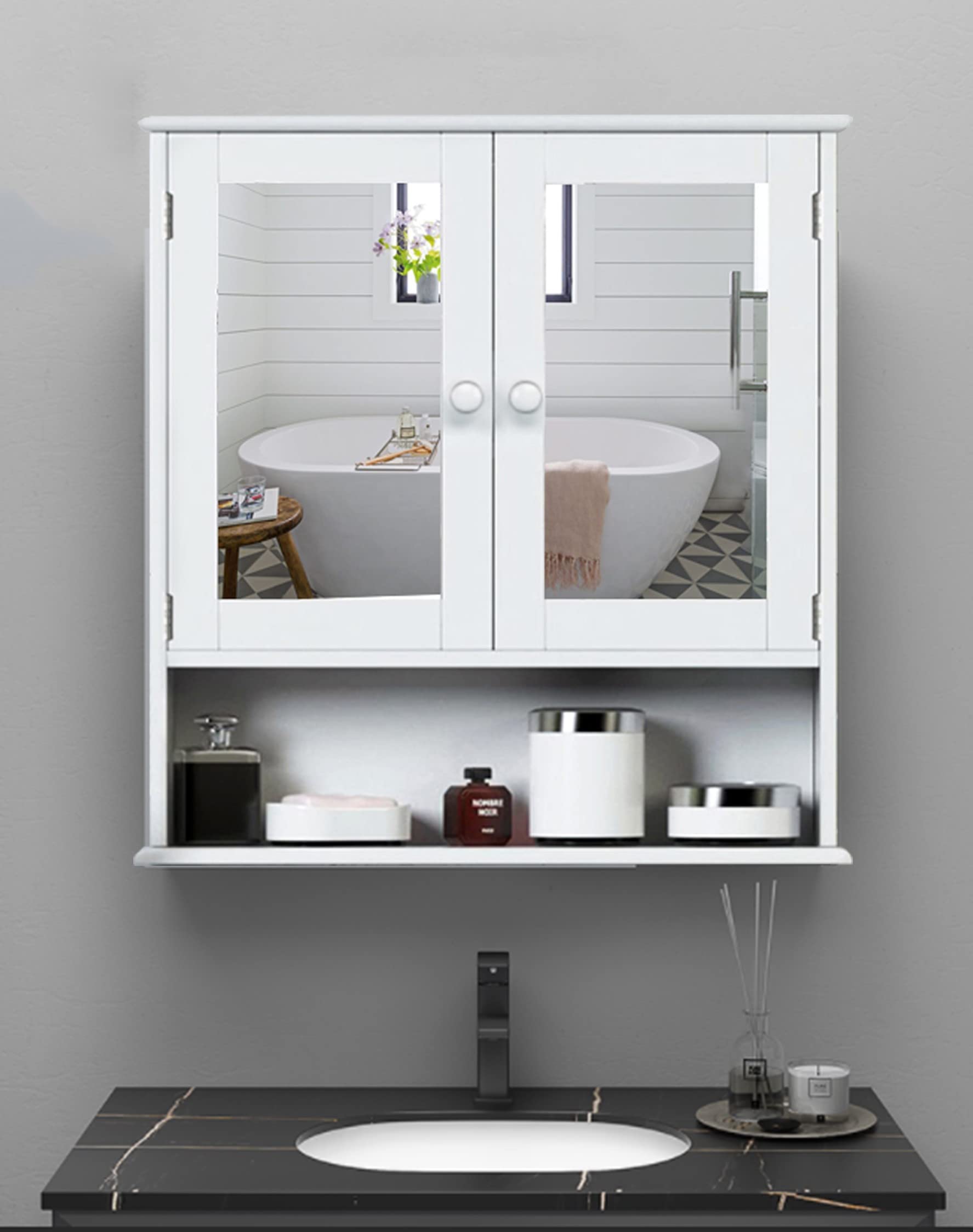White Wooden Wall Cabinet with Double Mirror Doors - Adjustable Shelf Bathroom Medicine Cabinet for Storage, Laundry Room & Kitchen - Perfect for Organizing Toiletries, Cleaning Supplies & Kitchen Essentials