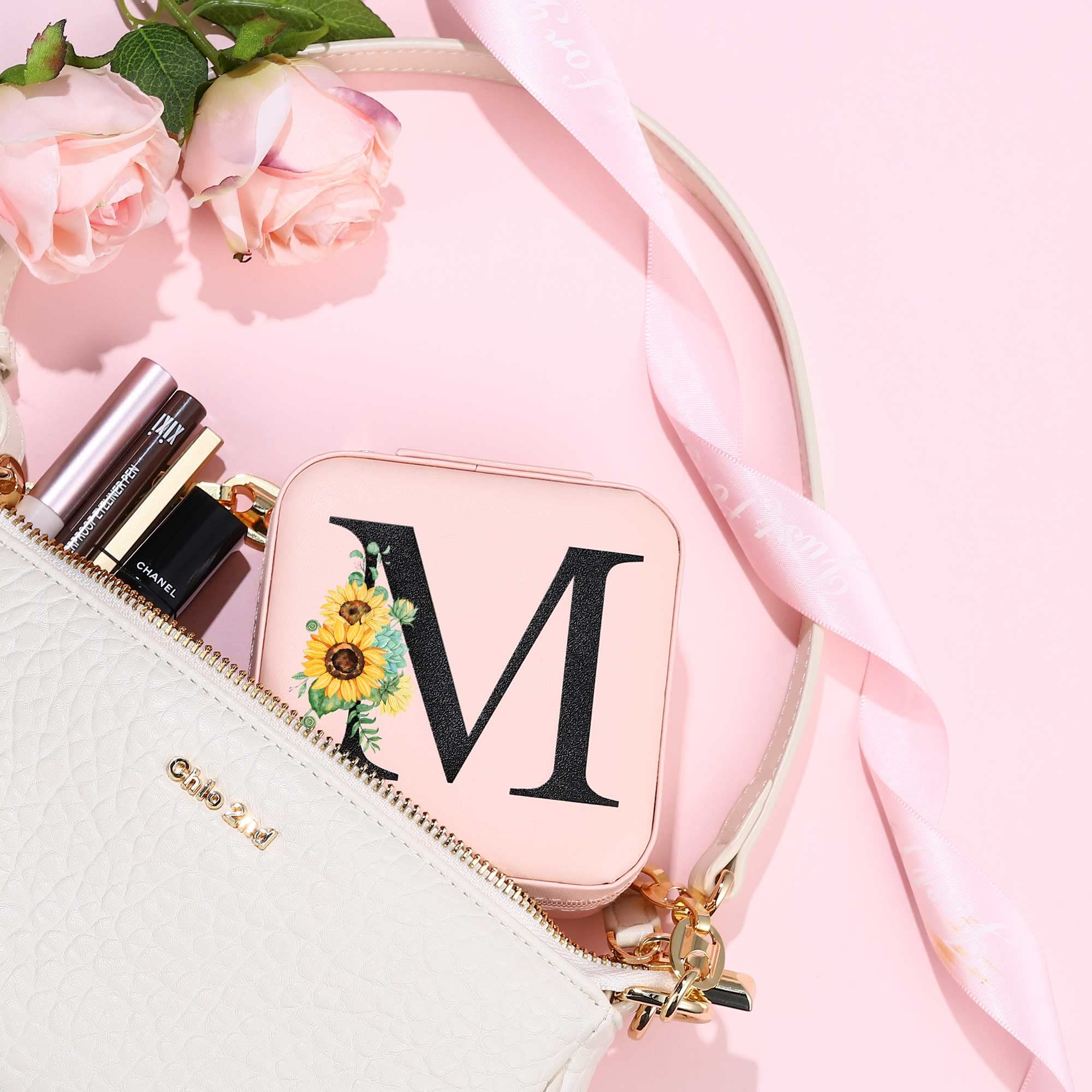 Parima Travel Jewelry Organizer Box - Sunflower Themed Personalized Gift for Women & Girls | Compact Jewelry Storage Case with Letter K Monogram - Perfect for Birthdays, Travel & Daily Use (Pink)