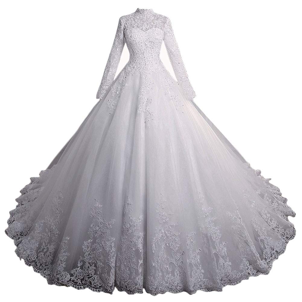 Ever-Beauty Women's White Lace Vintage Wedding Dress - Long Sleeve Bridal Gown for Church Ceremony & Beach Weddings (White, Size 8)
