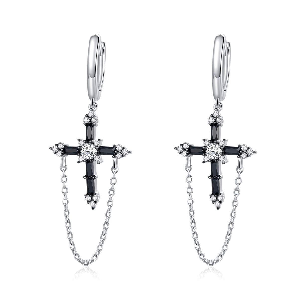 RUKYF 925 Sterling Silver Gothic Black Cross Dangle Earrings with CZ Studs - Punk Rock Hoop Hinged Cuff Earrings for Women & Men - Perfect for Halloween, Concerts, and Gothic Fashion