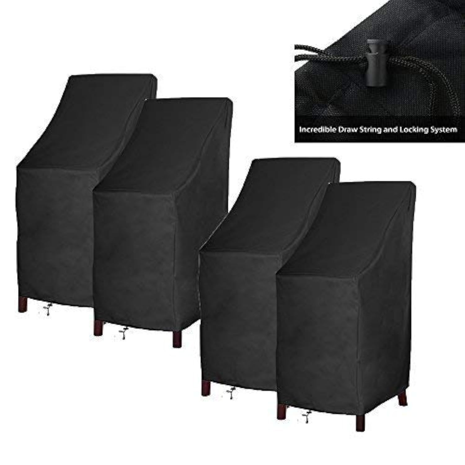 RosieLily Waterproof Outdoor Chair Covers - Heavy Duty 600D Fabric Patio Furniture Covers for High Back Chairs & Stackable Bar Stools (4-Pack, Black) - Perfect for Backyard, Deck, Garden & Poolside Protection