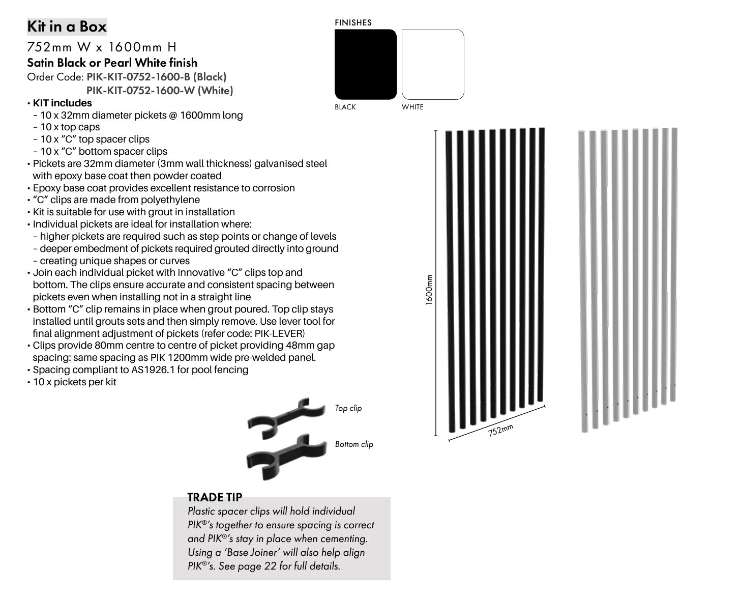 PIK PICKET KIT 1600H White Blade Pool Fence - Durable Safety Barrier for Inground & Above Ground Pools, Backyard Protection