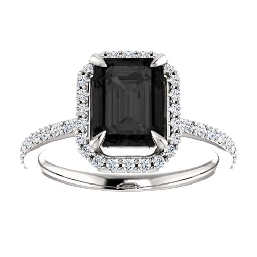 1.5 CT Emerald Black Diamond Engagement Ring in 10K White Gold - Halo Black Onyx Emerald Shape Ring for Women - Elegant Wedding, Anniversary & Proposal Jewelry Gift