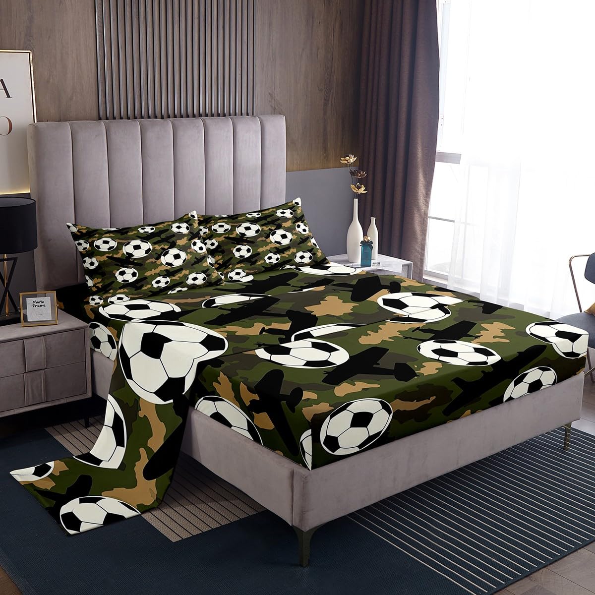 **Army Green Camouflage Soccer Fitted Sheet Queen Size - Football Themed Bedding Set for Boys & Kids - Perfect for Sports Lovers, Game Room & Bedroom Decor**    *(Use Case: Ideal for soccer fans, kids' bedrooms, sports-themed rooms, game nights, and football-themed decor.)*