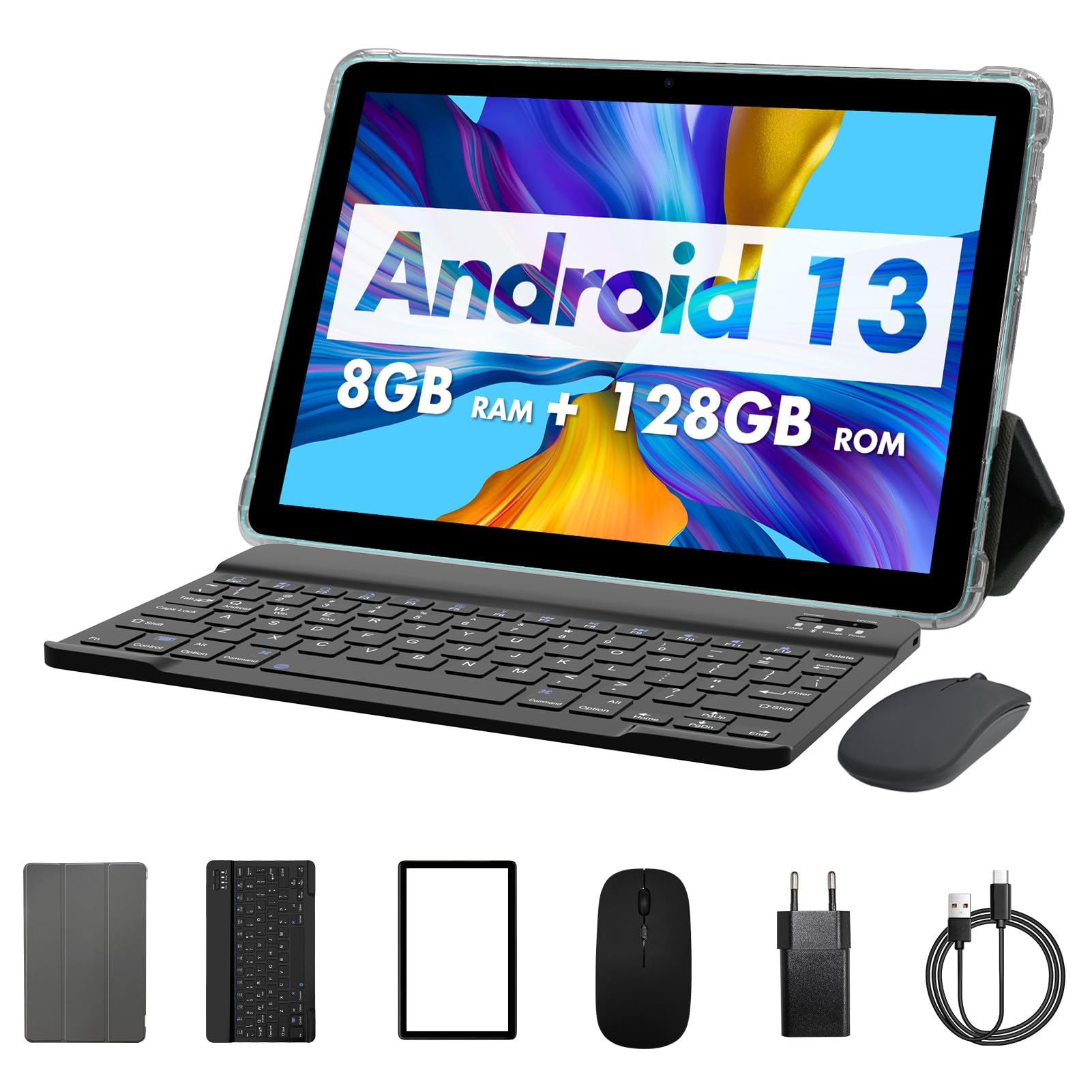 PRITOM 10 Inch Android 13 Tablet - 3-in-1 Bundle with Keyboard & Mouse, 8GB RAM (4+4), 128GB Storage (Expandable to 1TB), 8000mAh Battery, WiFi 6, Bluetooth, Quad Core Processor - Perfect for Work, Study, Gaming & Entertainment