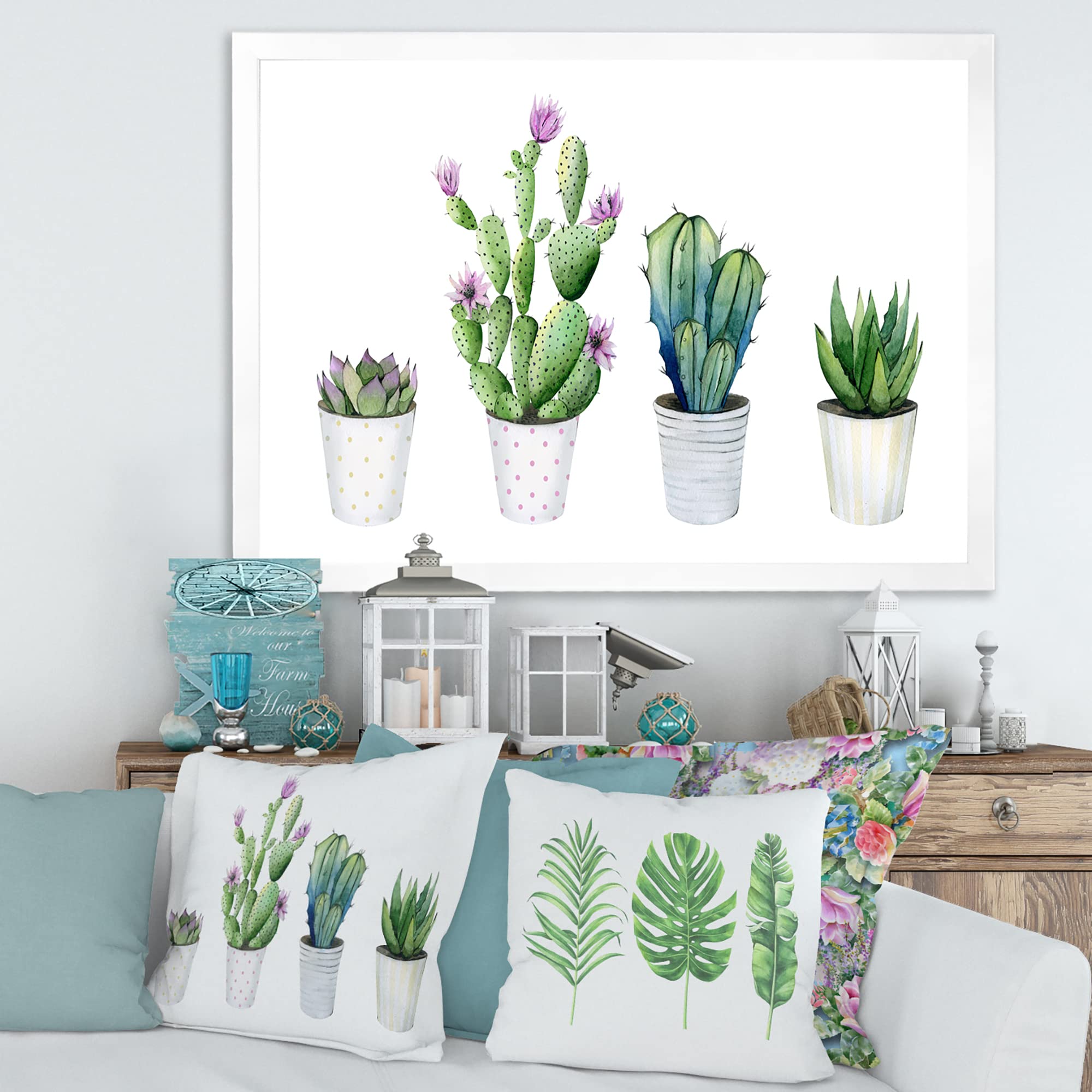DesignQ Cactus Succulent Aloe Vera Potted Plants - Farmhouse Style Framed Wall Art Decor for Home, Office & Garden | Perfect for Indoor Greenery & Rustic Home Décor