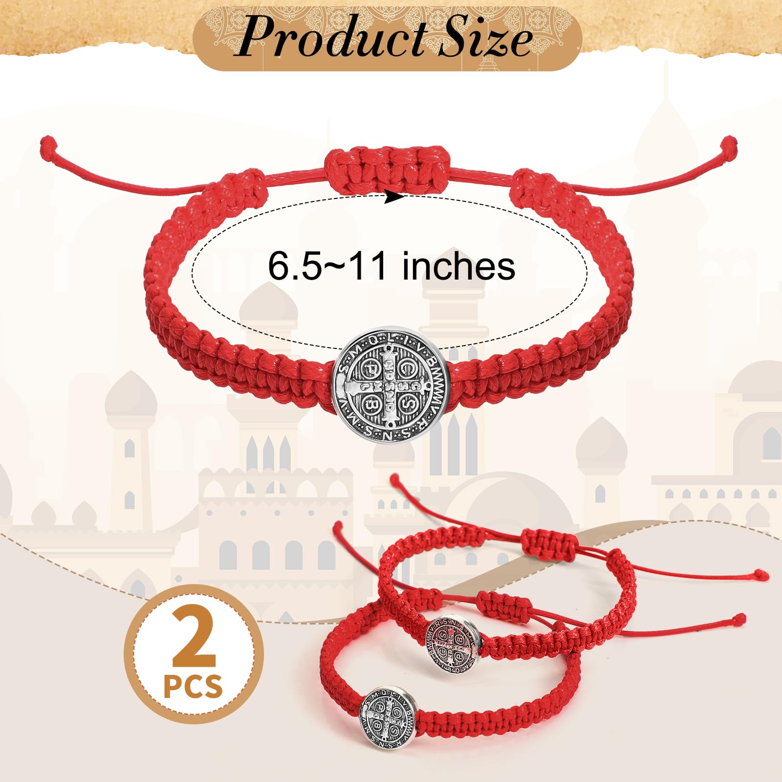 Fumete 2 Pack Catholic Saint Benedict Medal Adjustable String Bracelets - Religious Gifts for Men & Women, Birthday & Holiday Presents - Perfect for Daily Wear, Church Services & Spiritual Protection