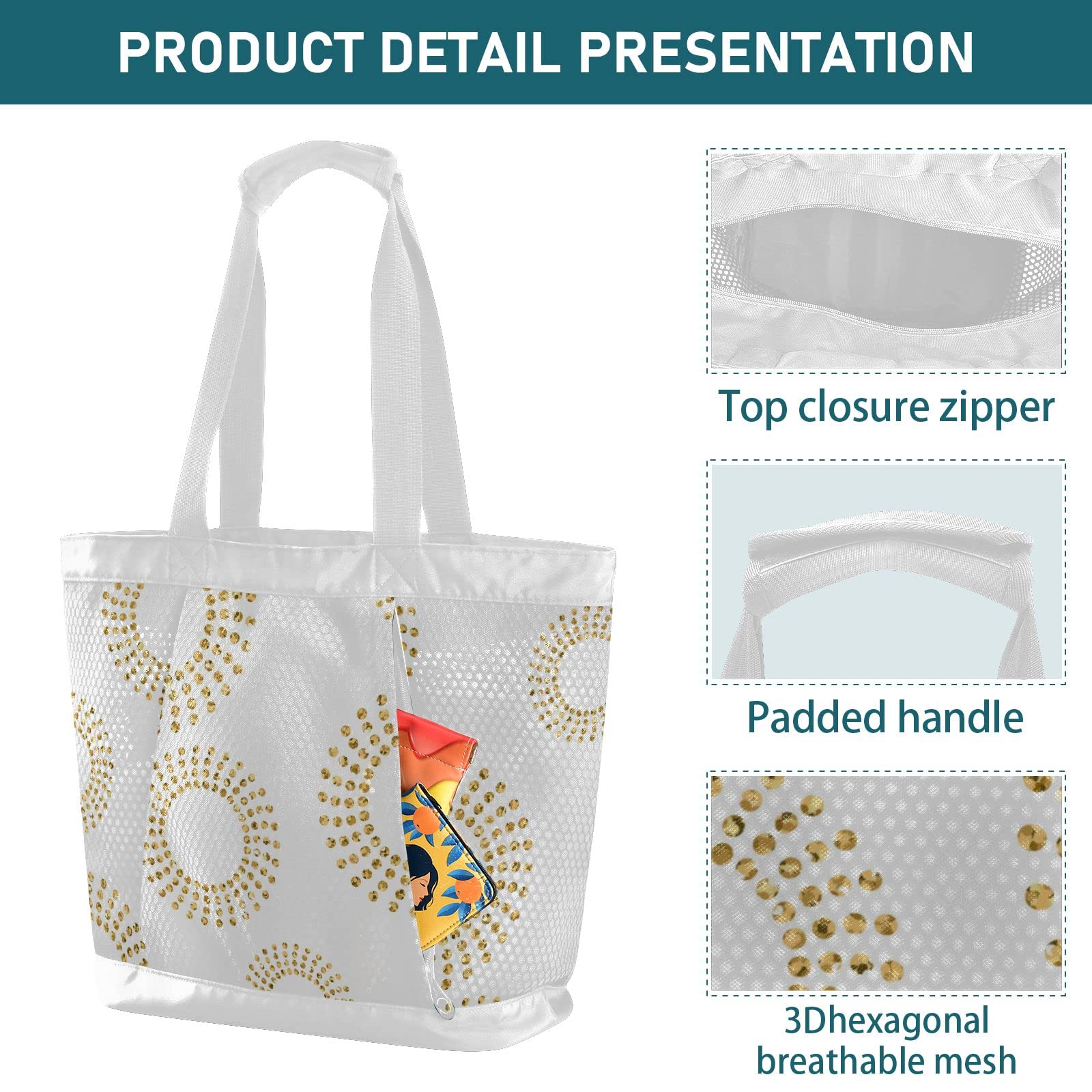 J JOYSAY Abstract Gold Circle Mesh Beach Tote Bag - Large Waterproof Women's Travel Tote for Beach, Gym & Overnight Trips | Perfect for Summer Vacation, Pool Party & Shopping