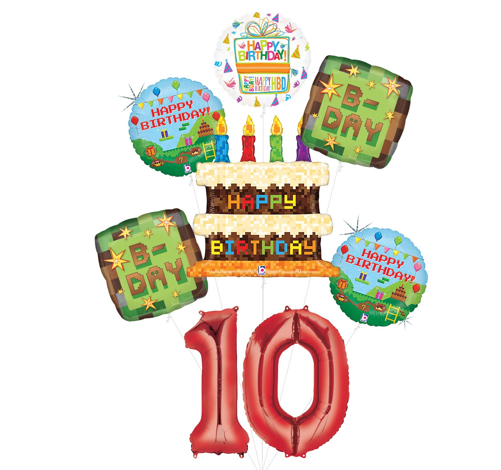 10th Birthday Party Supplies - Minecraft Pixelated TNT Balloon Bouquet Decorations for Video Game Themed Parties & Gamer Room Decor