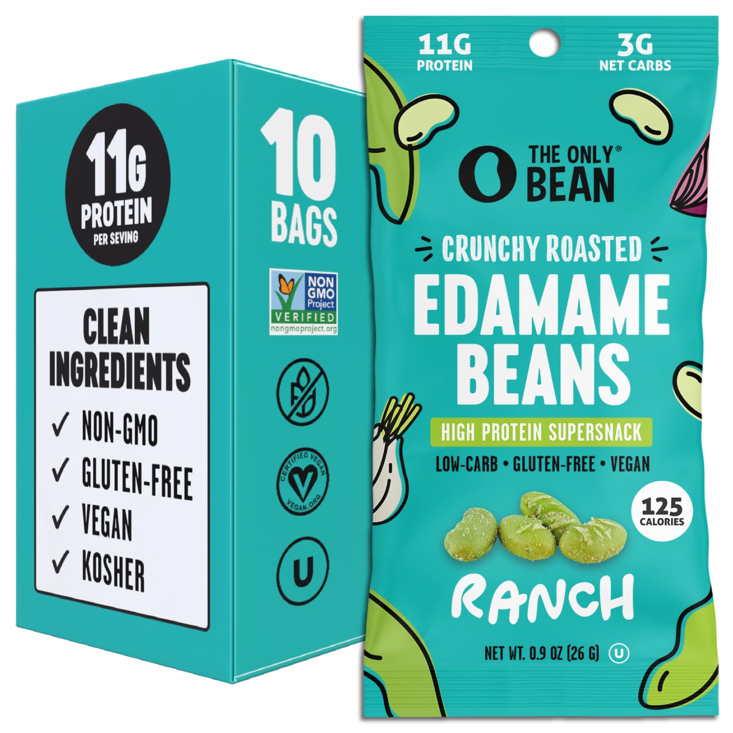 The Only Bean High Protein Edamame Snacks - Vegan, Gluten Free, Low Carb & Keto Friendly Healthy Snacks for Adults & Kids - Ranch Flavor, 0.9oz (10 Pack) | Perfect for On-the-Go, School Lunches & Office Snacking
