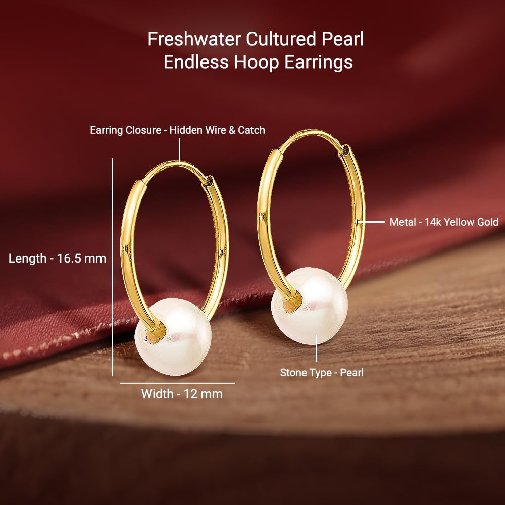 14K Yellow Gold White Freshwater Cultured Pearl Hoop Earrings for Women - 5-6mm Endless Circle Design, Elegant Fine Jewelry Gift for Anniversary, Wedding & Special Occasions
