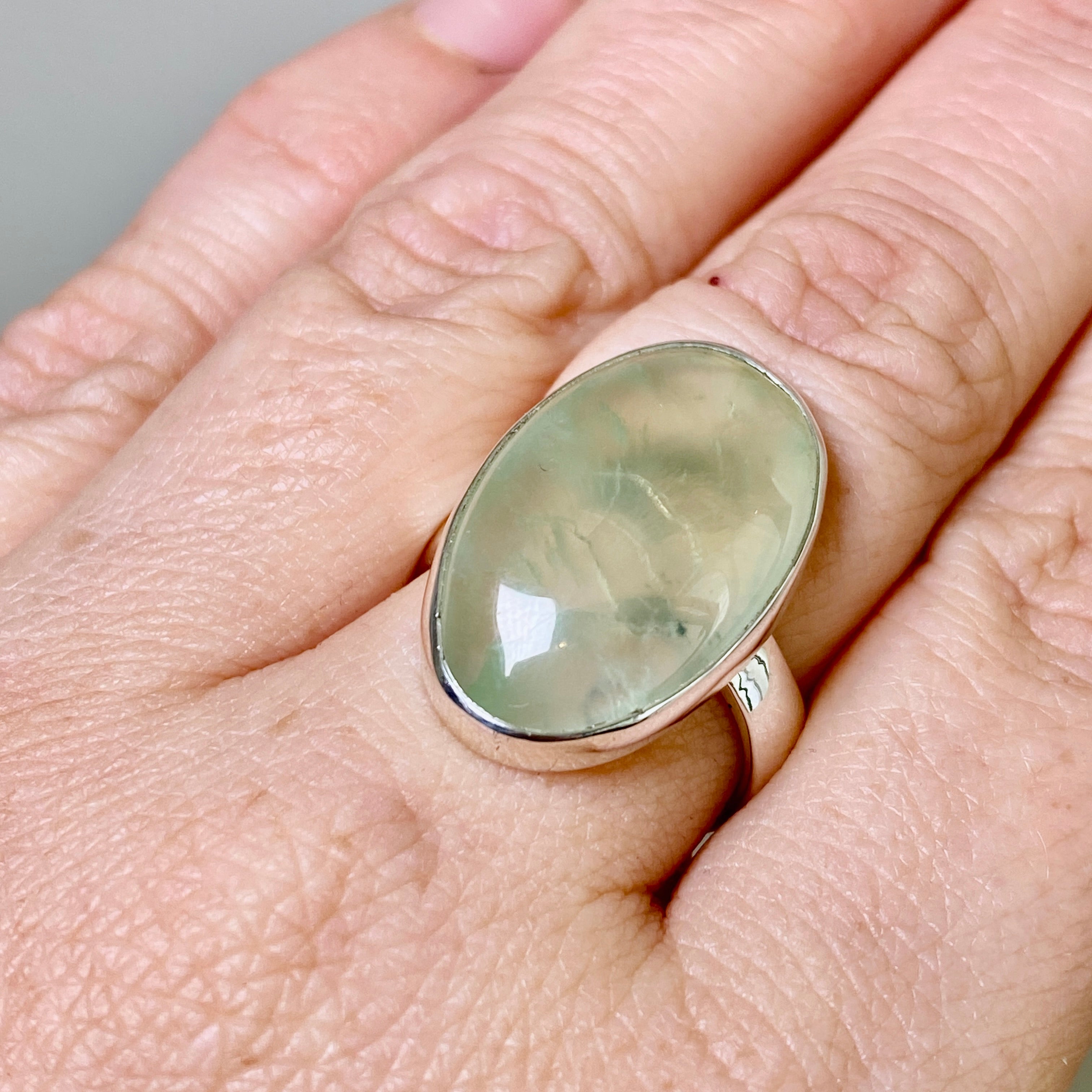 Prehnite Oval Cabochon Ring - Size 8 Sterling Silver Jewelry KRGJ3355 | Perfect for Boho Chic Outfits & Spiritual Healing
