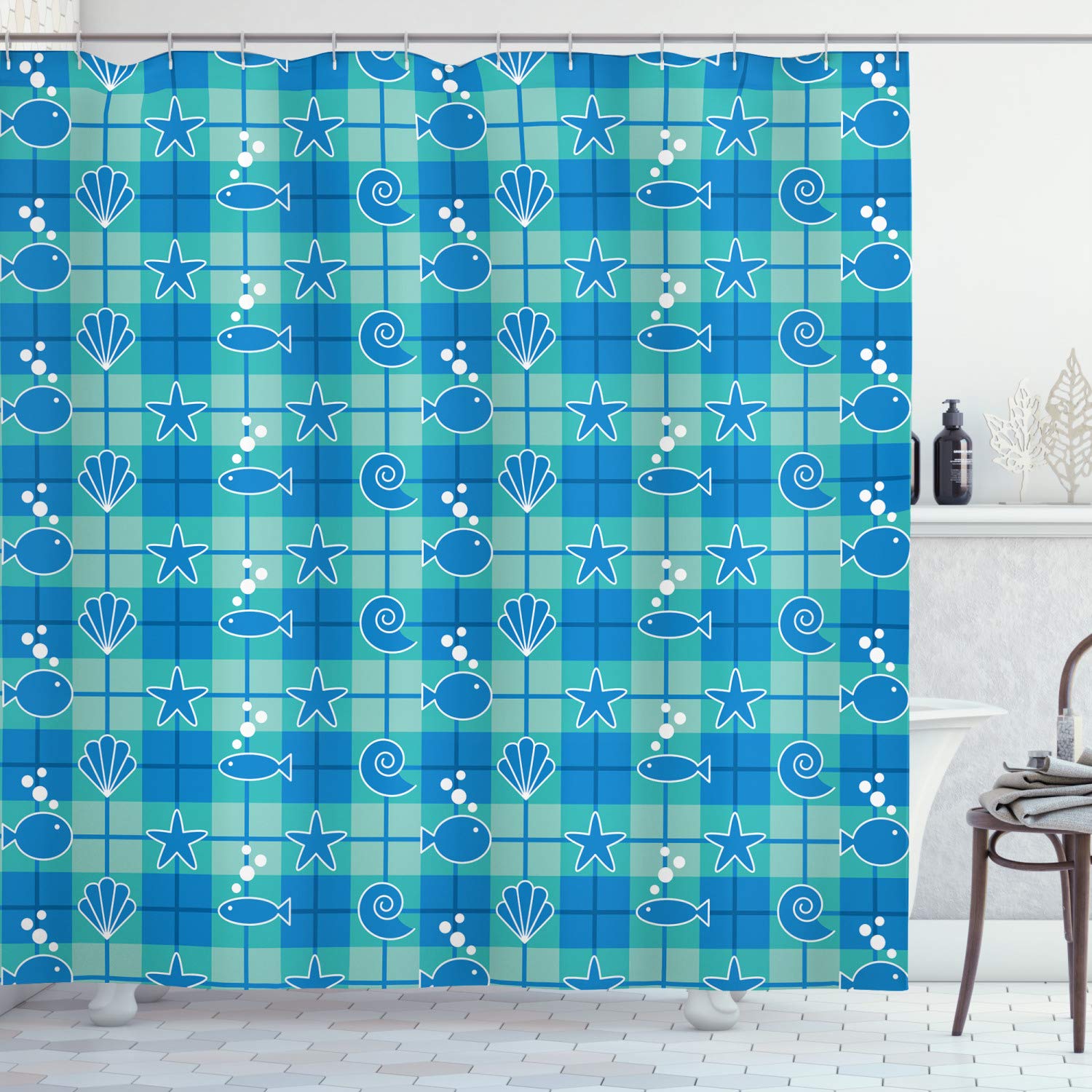 Ambesonne Sea Shells Shower Curtain - Plaid Pattern with Cartoon Marine Life Silhouettes, Fish, Starfish & Bubbles | 69x84 Inch Mint Green Blue White Bathroom Decor Set with Hooks | Perfect for Beach Theme Bathrooms, Coastal Decor & Nautical Style Homes