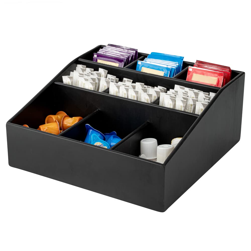 11.75 x 5.5 Inch Black Bamboo Coffee Condiment Organizer with 9 Compartments - Break-Resistant Creamer Caddy for Sugar Packets & Coffee Accessories | Perfect for Restaurants, Cafes & Home Kitchen Countertop Organization