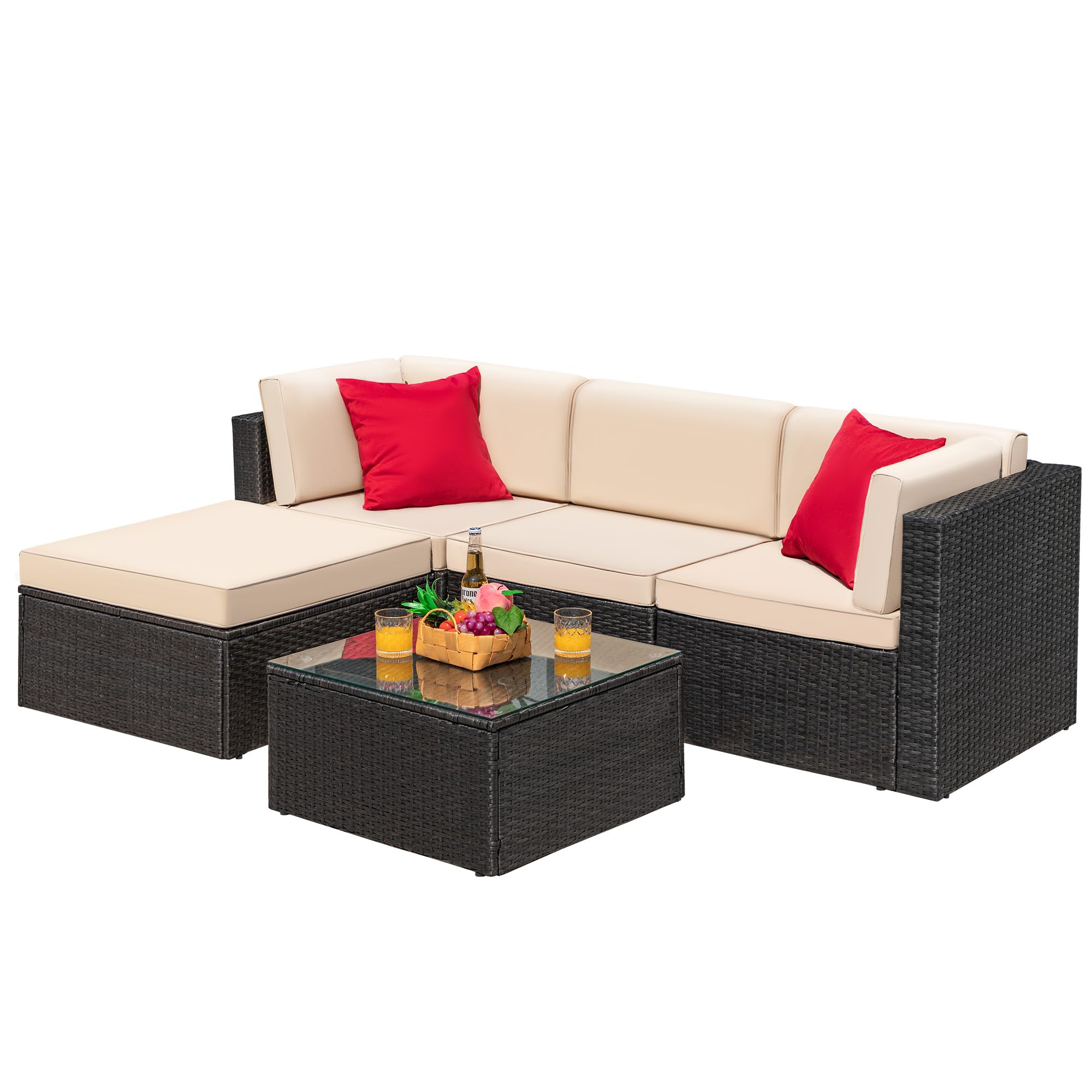 Greesum 5-Piece Outdoor Patio Furniture Set - Wicker Rattan Sofa with Cushions, Pillows & Glass Coffee Table - Beige Conversation Set for Porch, Lawn, Garden, Backyard and Poolside Relaxation