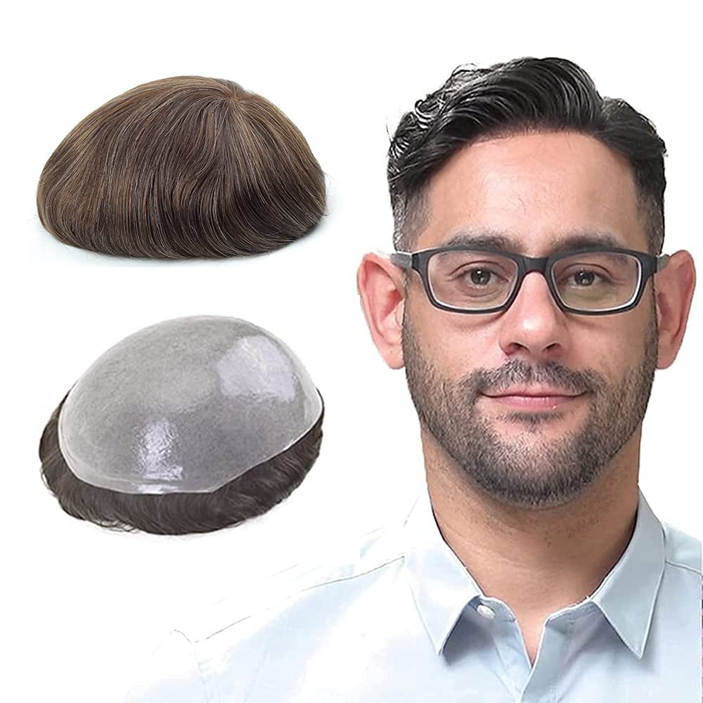 Premium 100% Human Hair Toupee for Men - 0.08mm Natural Skin Base, 8x10 Inch V-Looped Hair System in Medium Bark Brown with 10% Gray (#410) - Perfect for Daily Wear, Special Occasions & Hair Loss Solutions