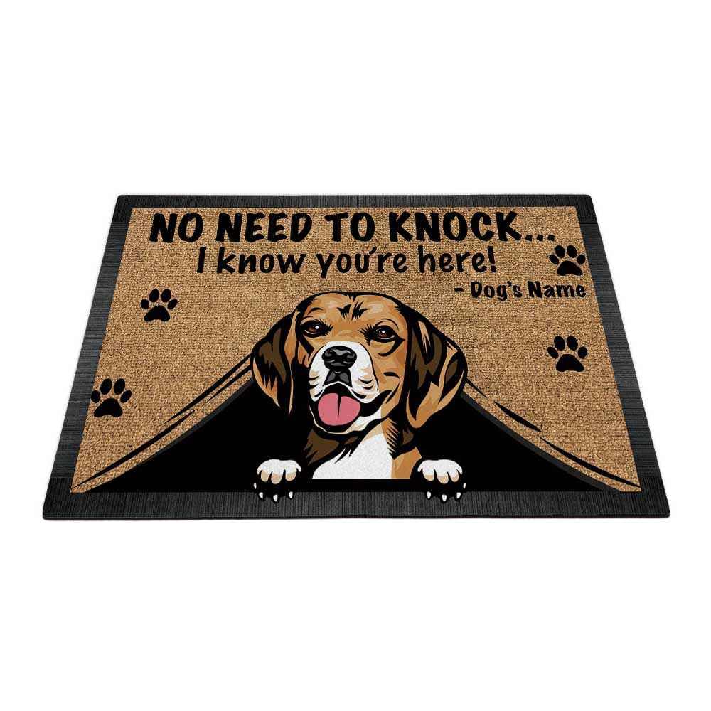 Personalized Doormat - Cute Peeking Beagle Dog Design - 'No Need to Knock I Know You're Here' - 23.6 x 15.7 Inch - Perfect for Front Door Welcome, Housewarming Gift & Pet Lover Home Decor