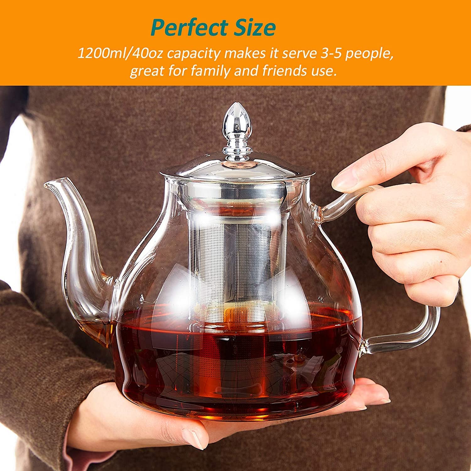 Premium 40oz Glass Teapot with Removable Stainless Steel Infuser - Perfect for Blooming Tea, Loose Leaf Tea & Herbal Brews - Stovetop & Microwave Safe Gooseneck Kettle - Elegant Gift Box Included - Ideal for Home, Office & Tea Ceremonies