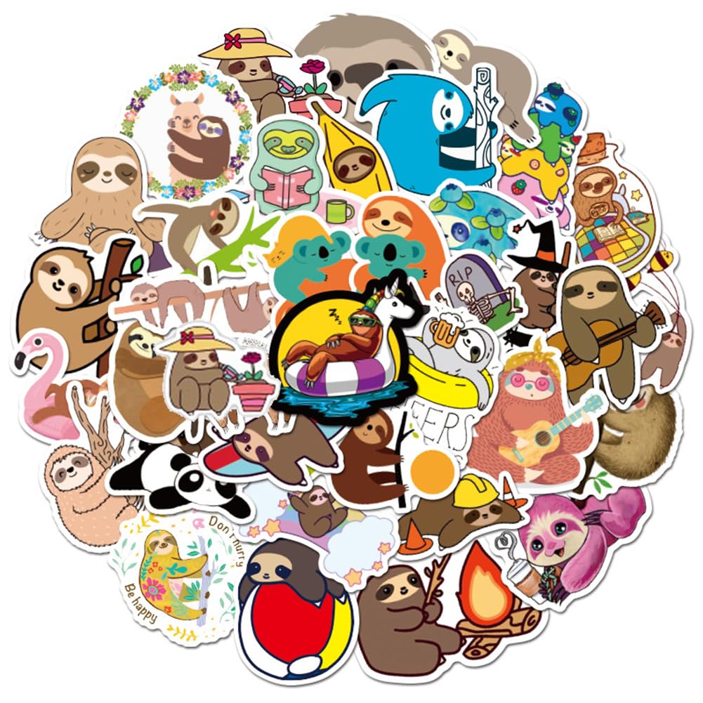 50 Pcs Sloth Stickers - Waterproof Vinyl Decals for Water Bottles, Laptops, Bikes & More | Cute Sloth Decor for School, Office, Travel & DIY Projects