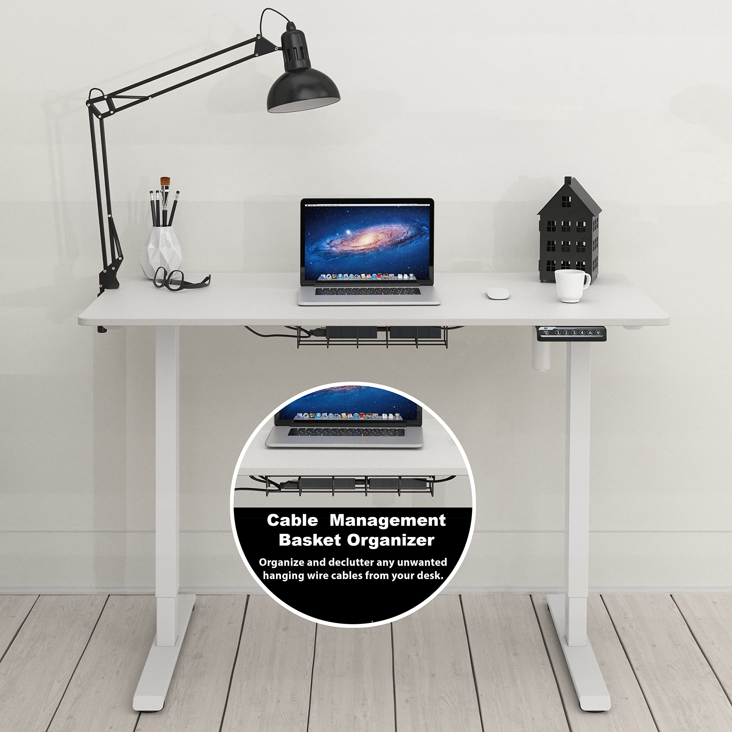 SHW 48-Inch Electric Height Adjustable Sit to Stand Desk with Hanging Hooks & Cable Management, 122 x 60cm White - Perfect for Home Office, Gaming & Workspace Ergonomics
