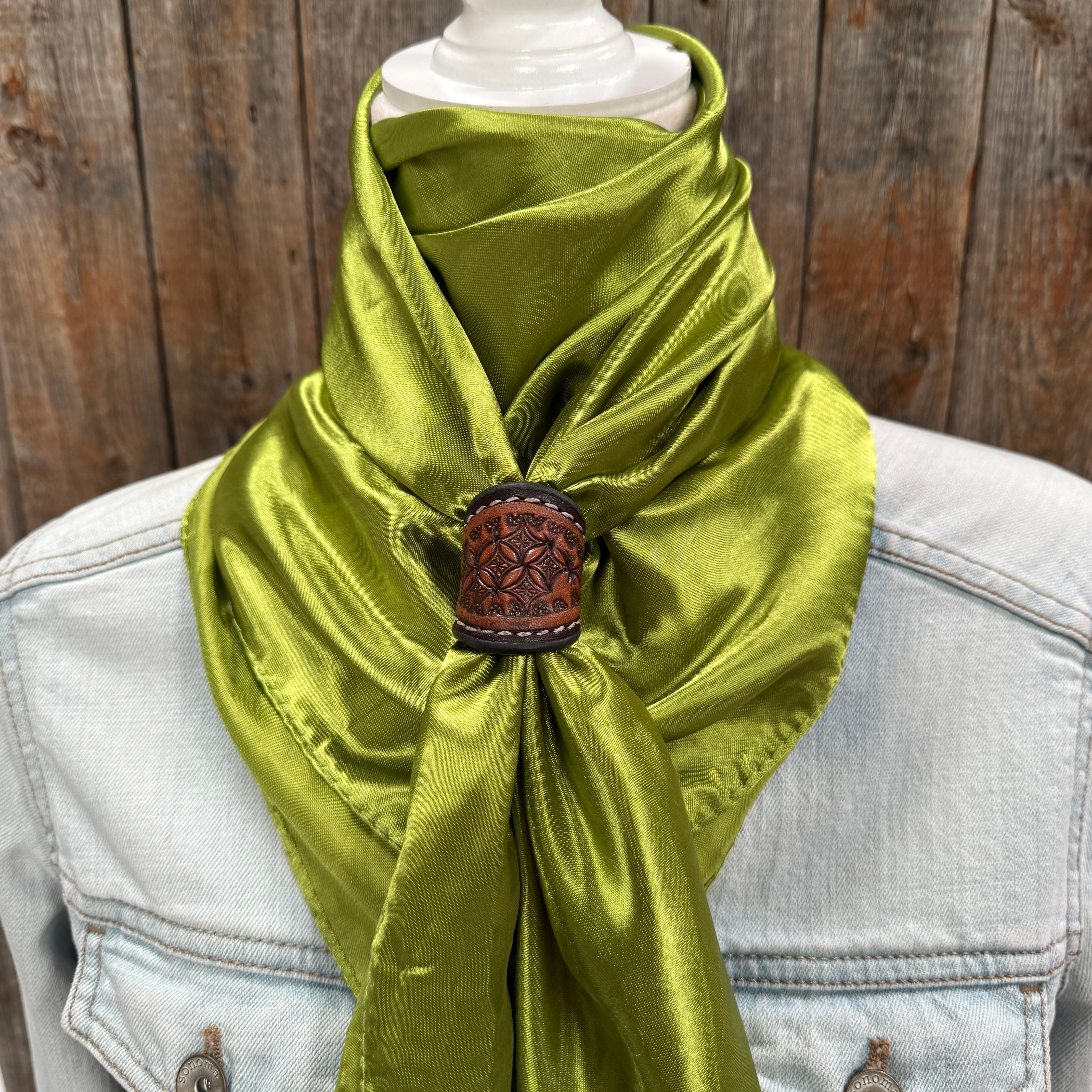 35x35 Solid Light Green Wild Rag Scarf - WRS22 Tooled Leather Wild Rag Slides for Cowboy & Western Fashion - Perfect for Rodeo, Horse Riding, and Outdoor Adventures