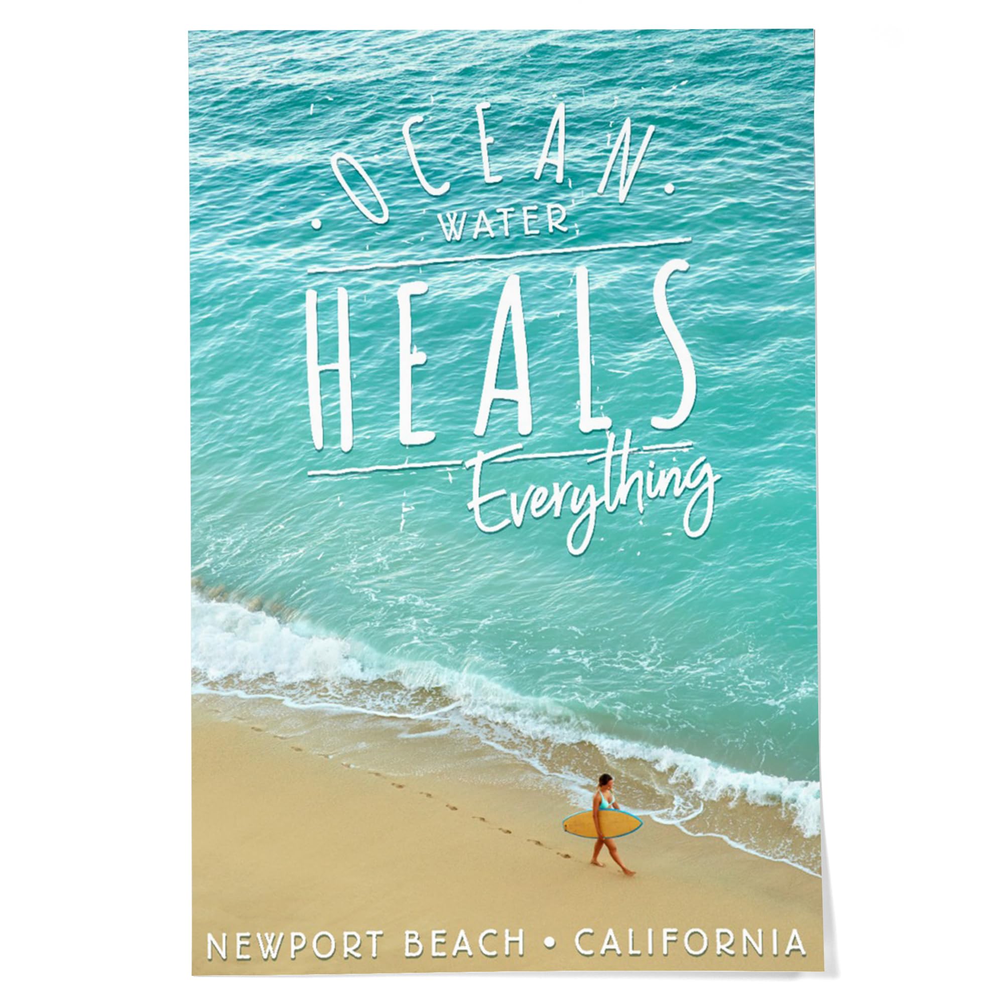 Lantern Press 24x36 Inch Giclee Art Print - Newport Beach California Coastal Wall Decor with Surfer Walking on Shoreline | Ocean Wave Painting for Beach House, Living Room & Office Decor | Perfect Surfing Gift & Relaxing Coastal Art