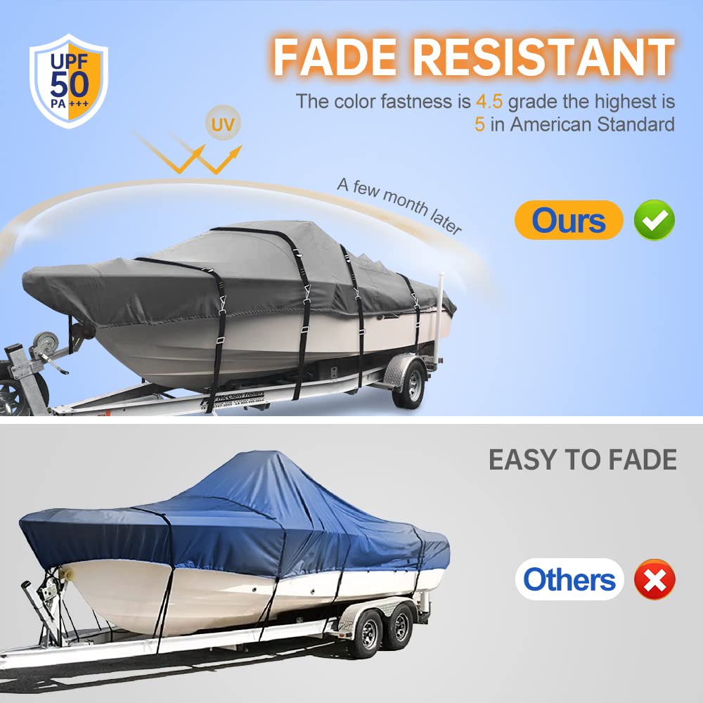 **900D Heavy Duty Waterproof Boat Cover - Trailerable V-Hull Cover with Metal Buckles, Fits 20'-22' Runabout, Tri-Hull & V-Hull Boats (Beam up to 100