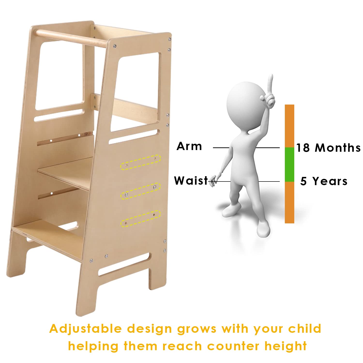 Solid Wood Adjustable Height Kids Step Stool with Safety Rail - Toddler Learning Tower for Kitchen Counter, Bathroom Sink, and Craft Table Helper