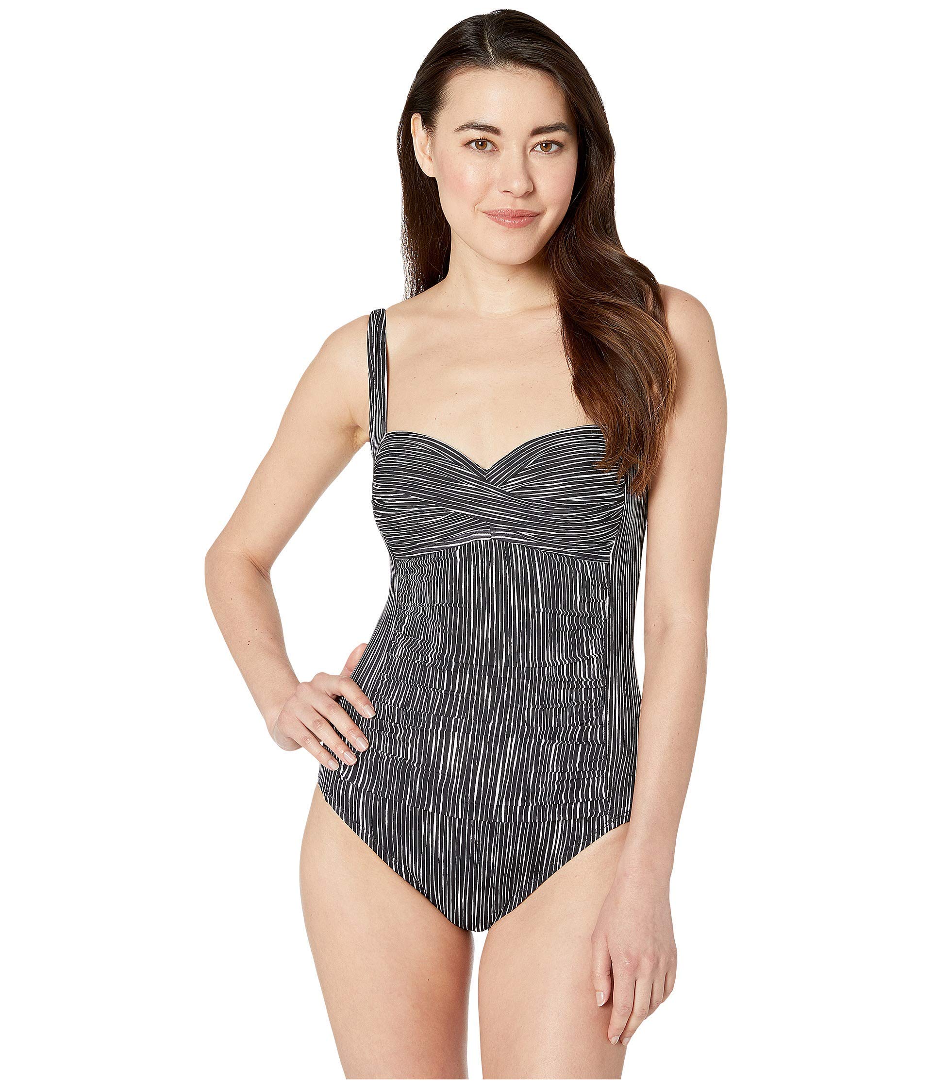 Sexy Over The Shoulder Rouched Front Bandeau One Piece Swimsuit - Women's Trendy Bathing Suit for Beach Vacation & Pool Party