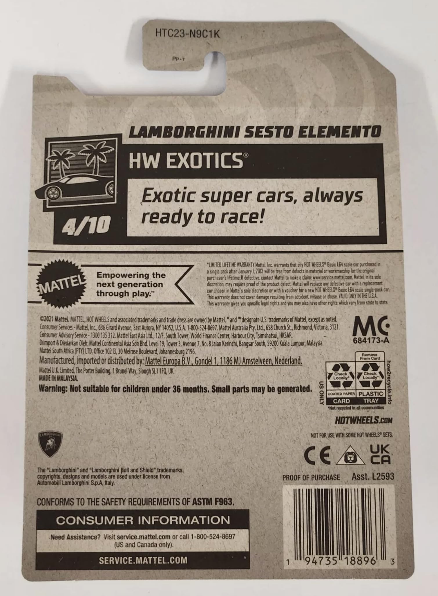 Hot Wheels Lamborghini Sesto Elemento Diecast Car 1:64 Scale - Limited Edition 204/250 in White - Collectible Model for Display, Racing Play & Gift Giving