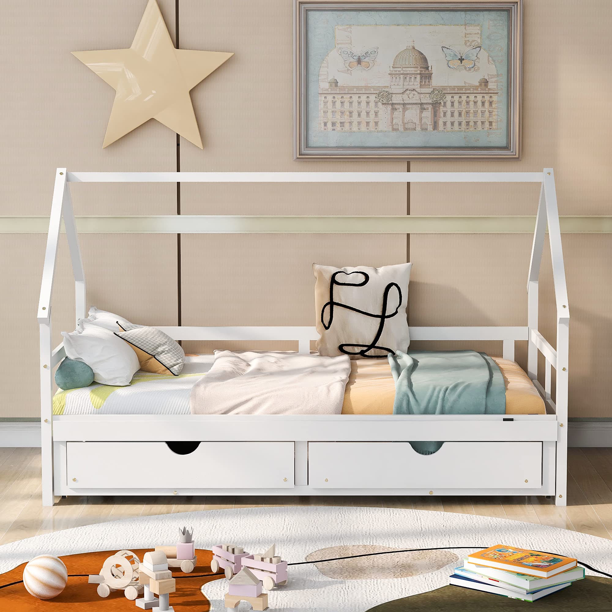 Wooden House-Shaped Daybed with Trundle & 2 Drawers - Kids & Teens Bed Frame with Roof - No Box Spring Needed - White - Perfect for Bedrooms, Playrooms & Sleepovers