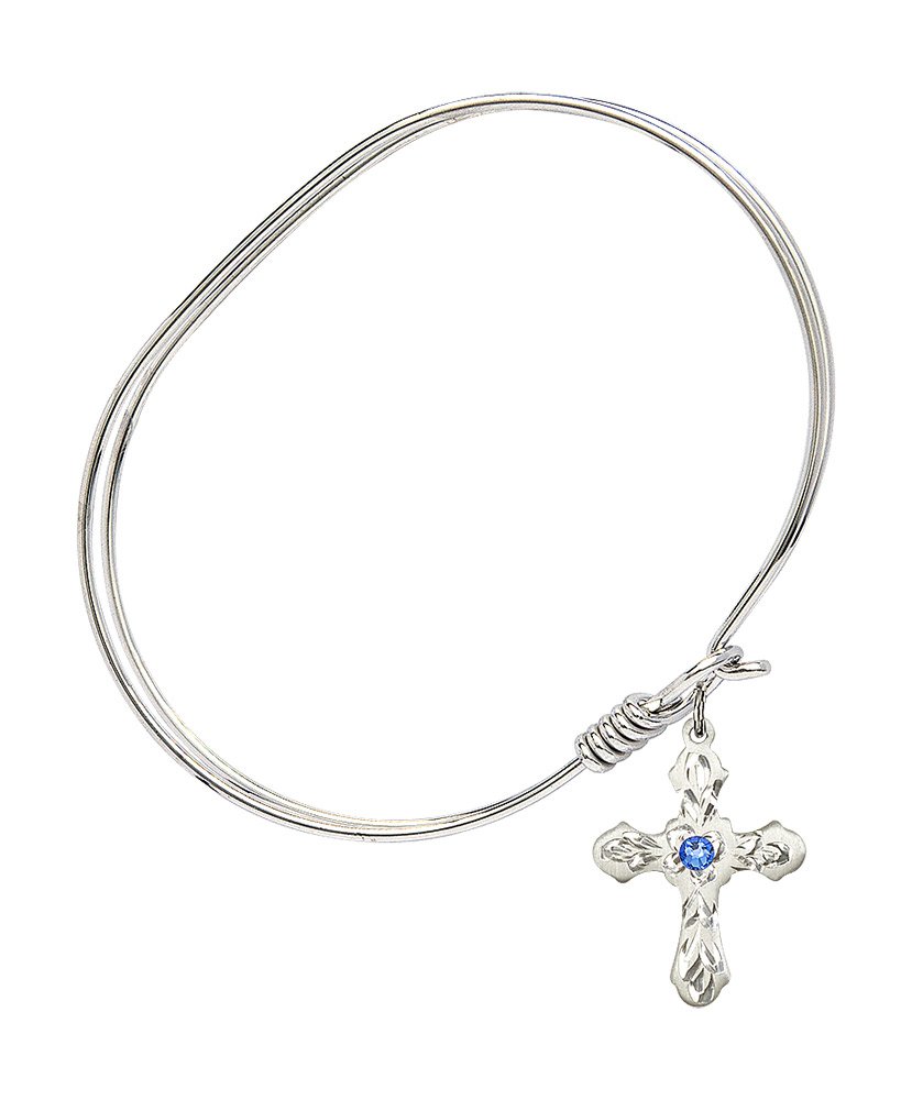 7 Inch Oval Eye Hook Bangle Bracelet with Cross Charm & September Birthstone Blue Crystal - Perfect for Gifts, Parties, and Everyday Wear