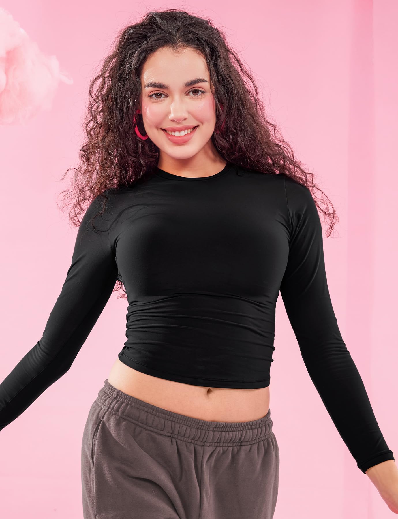 YEOREO Women's Long Sleeve Crew Neck T-Shirt - Y2K Fashion Double Lined Basic Top for Workout, Undershirt & Casual Wear | Perfect for Gym, Office & Everyday Outfits