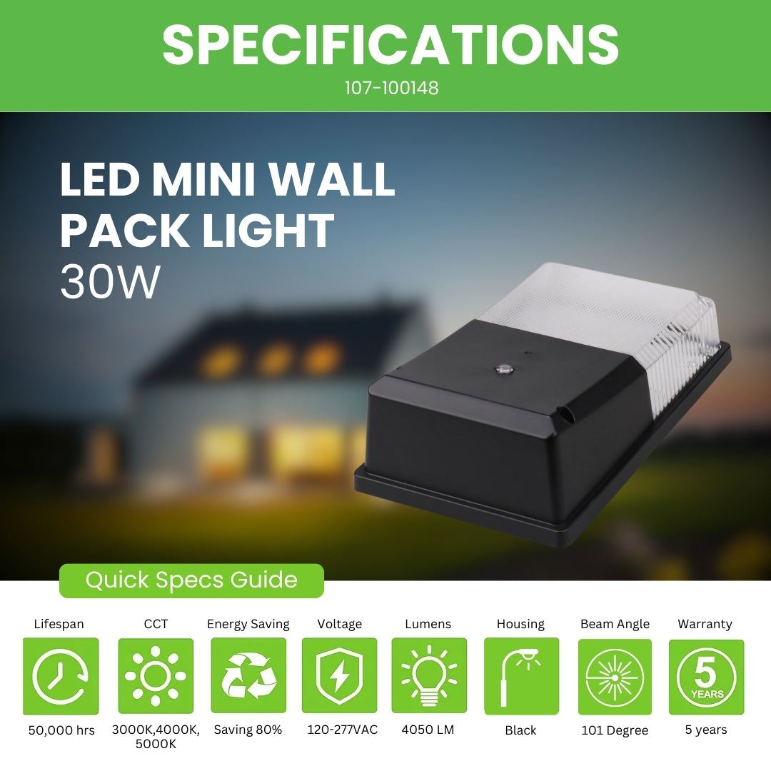 30W LED Mini Wall Pack Light - Small Outdoor Lighting with DC Photocell & Tunable CCT (3000K-5000K) - MWP5 UL DLC Certified - Perfect for Pathways, Garages, and Building Exteriors