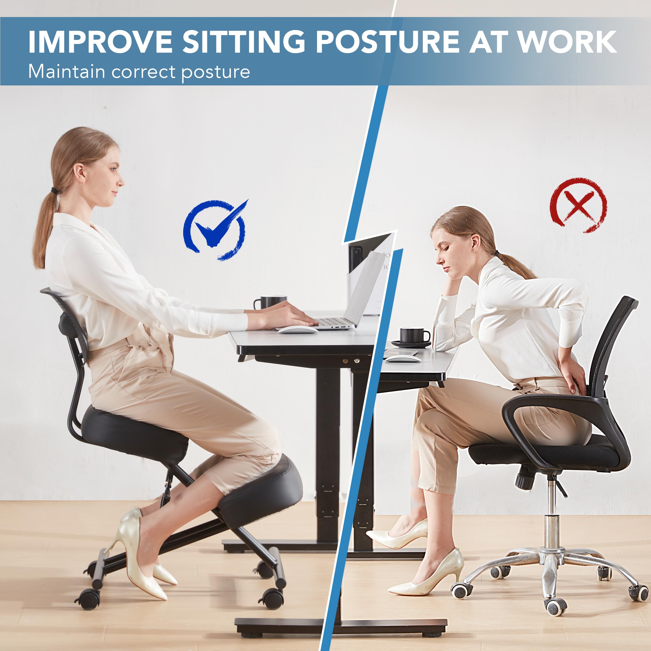 Ergonomic Kneeling Chair with Back Support - Adjustable Posture Office Chair for Home & Work - Black PU Cushion with Brake & Gliding Casters - Relieves Back Pain & Improves Posture - Perfect for Home Office, Computer Desk & Meditation