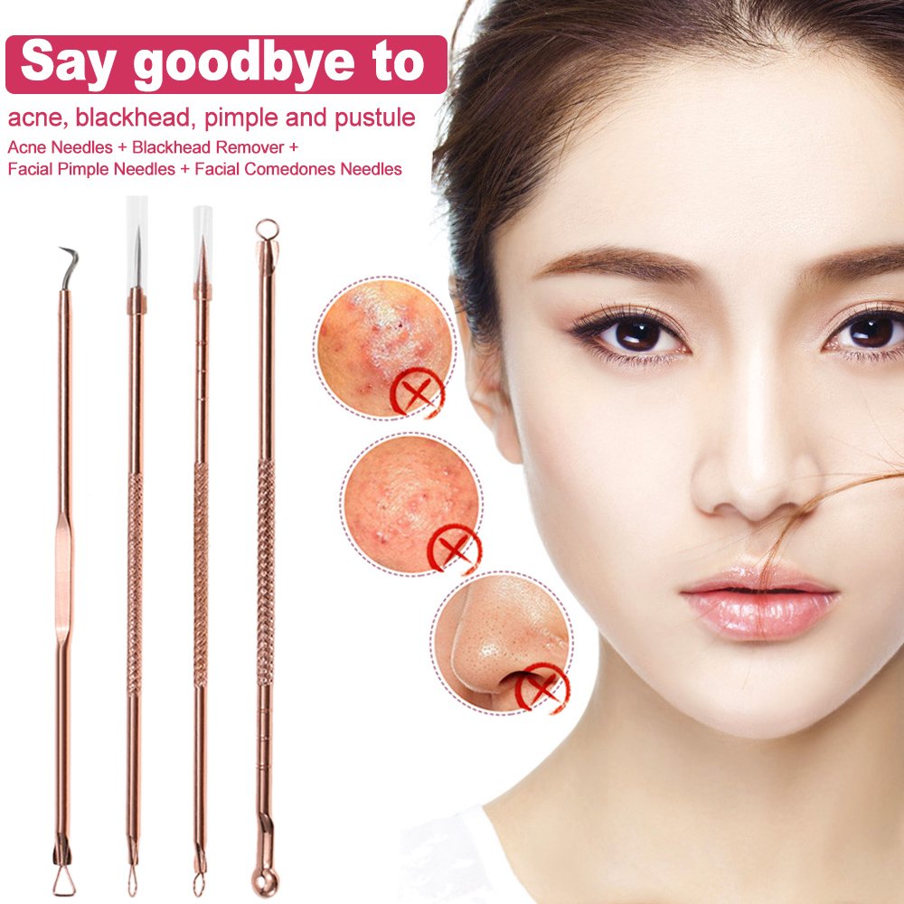 4Pcs Stainless Steel Acne Needle Set - Double-Ended Pimple & Blackhead Remover Tool for Facial Cleaning | Professional Comedone Extractor Kit for Skin Care & Blemish Treatment at Home or Salon Use