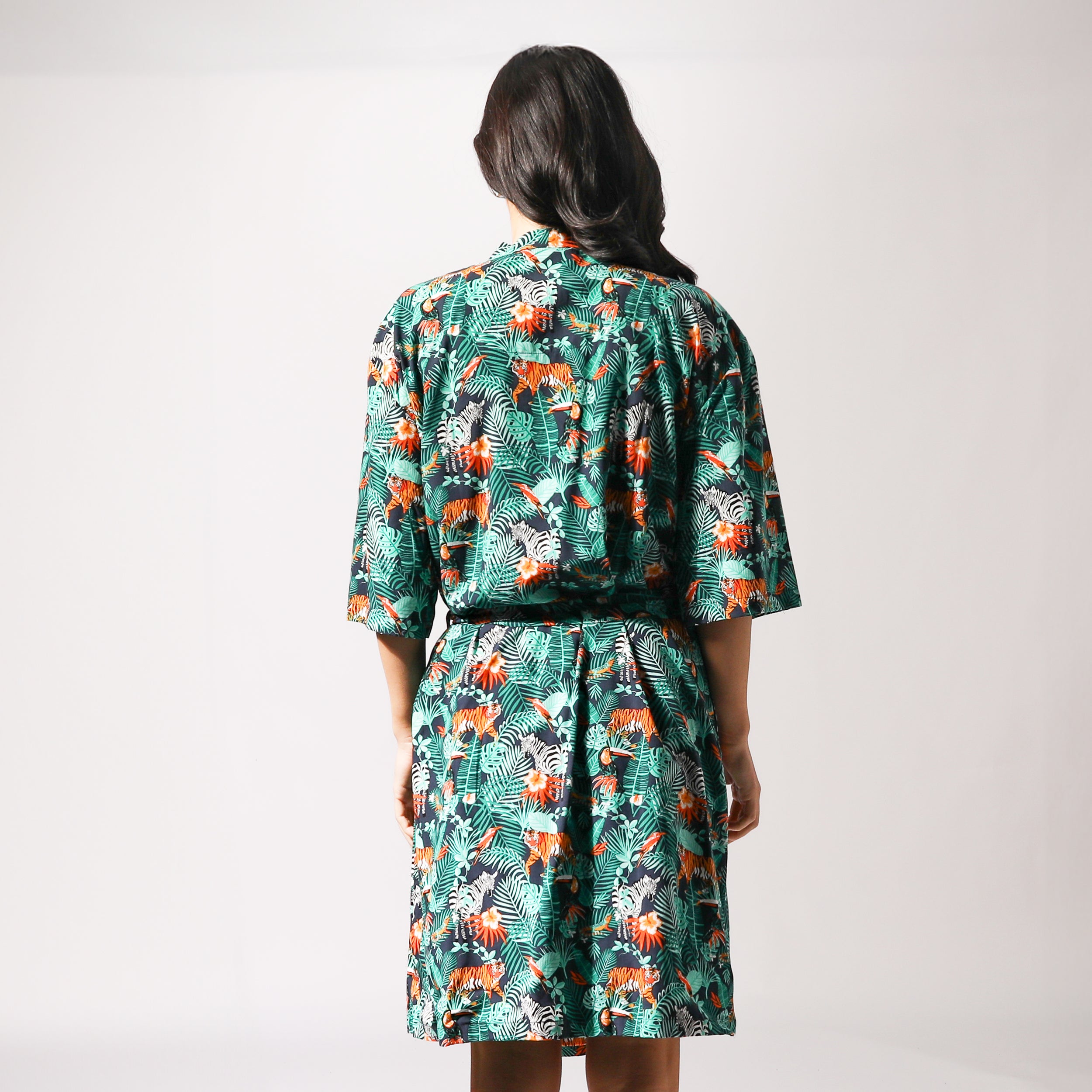Women's Dark Jungle Woven Robe - Soft Green Loungewear for Spa, Yoga & Relaxation at Home