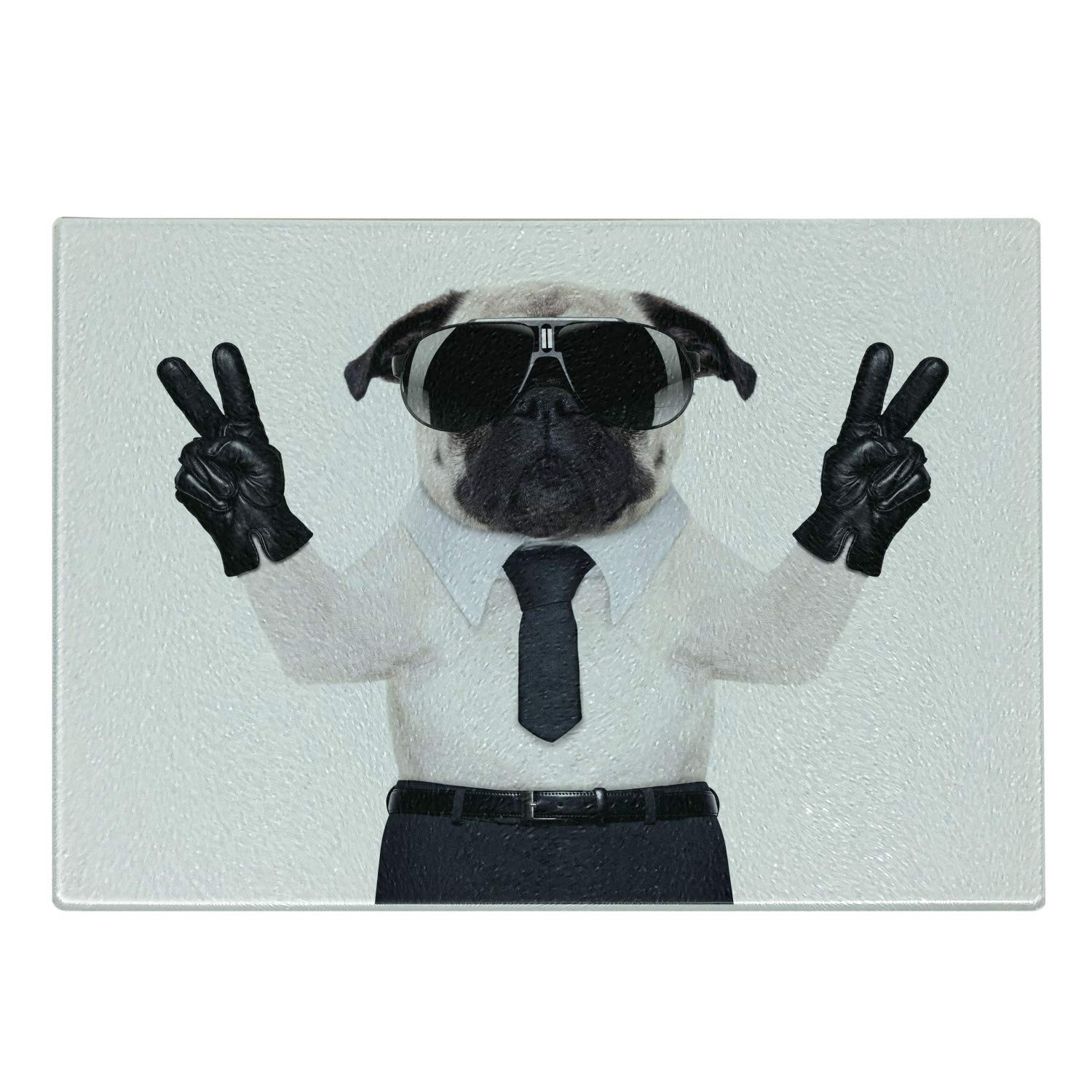 Ambesonne Pug-Themed Tempered Glass Cutting Board - Decorative Serving Tray with Fun Pug Design Wearing Sunglasses - Small Size Black & White - Perfect for Kitchen Use, Charcuterie Boards & Gift Giving