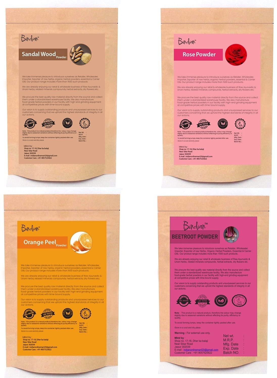 Bindian Sandalwood Rose Orange Peel & Beetroot Face Pack Powder - 4 Pack (50G Each) | Natural Skin Brightening & Exfoliating Treatment for Glowing Complexion | Perfect for Spa Day & At-Home Skincare Routine