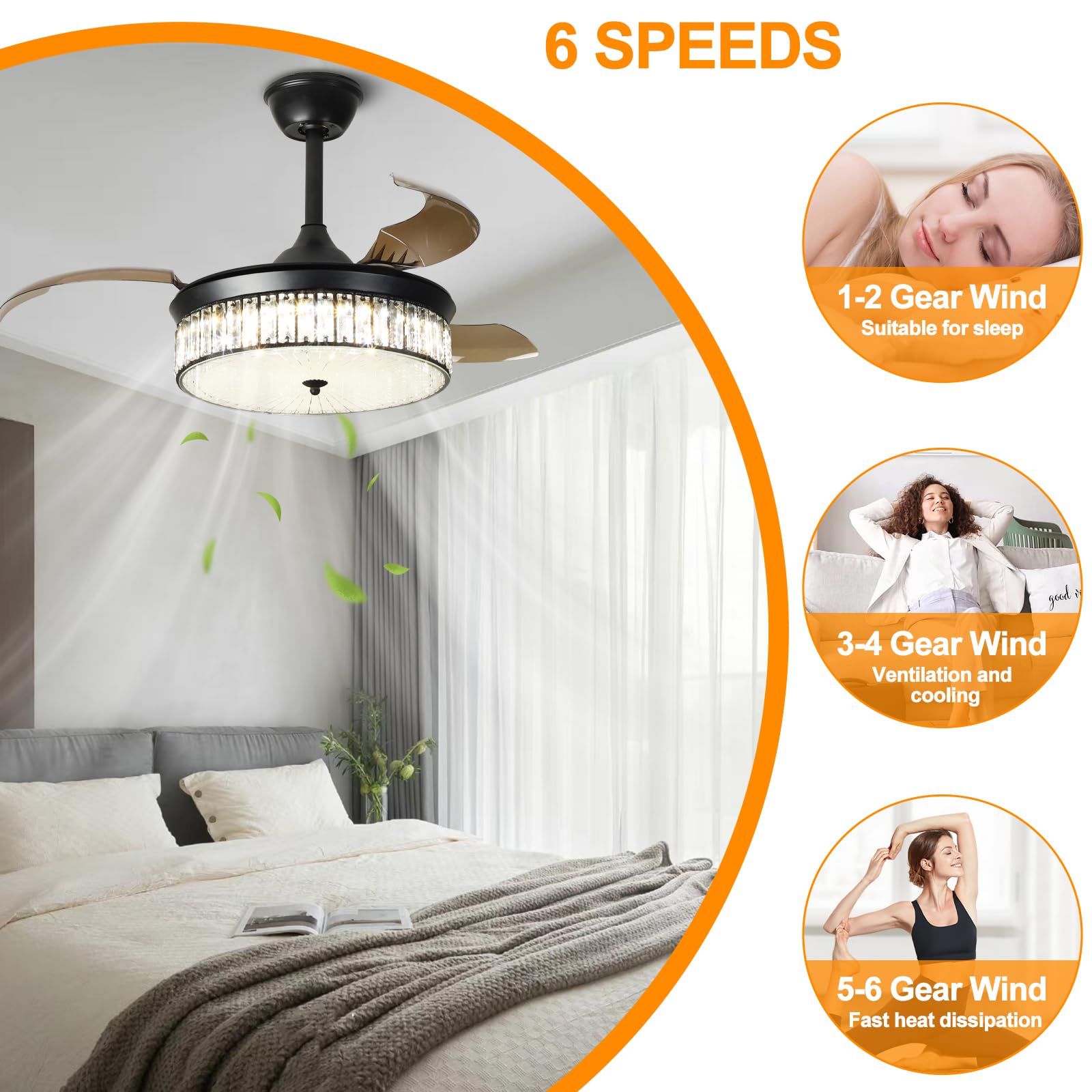 Depuley 36 Inch Crystal Ceiling Fan with Light, Reversible Retractable Blade 6-Speed LED Ceiling Fan with Remote Control - Perfect for Bedroom, Living Room, and Home Office