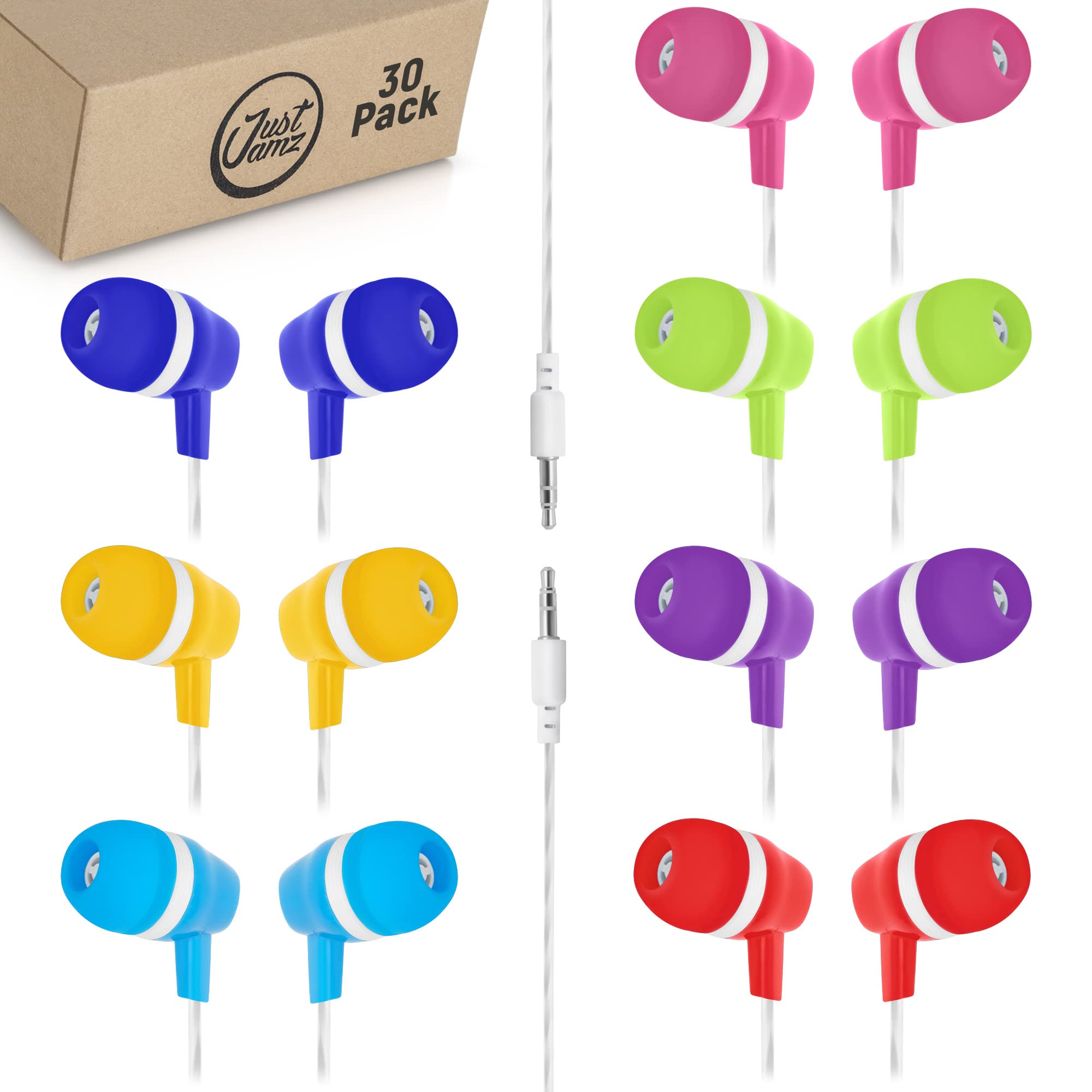 30 Pack Bulk Earbuds - Colorful Disposable Wired In-Ear Headphones for Students, Classroom, Library | Durable Basic Earphones for Kids, School, Study & Travel Use