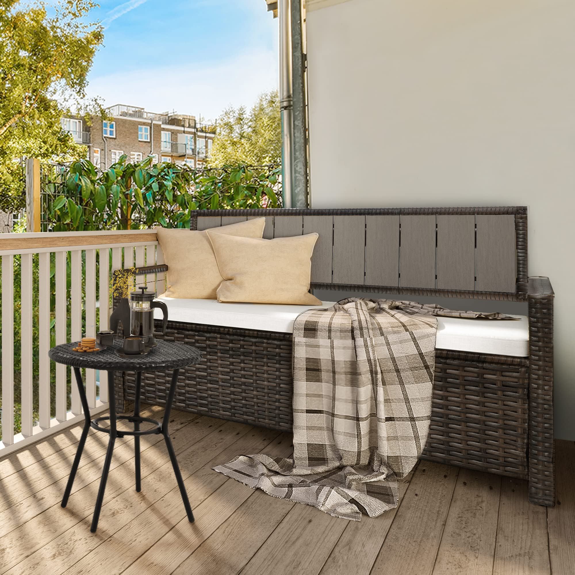 YITAHOME 70 Gallon Outdoor Storage Bench with Weather-Resistant Woven Rattan - Patio Deck Box, Wicker Storage Seat for Garden Tools, Pool Accessories & Outdoor Cushions (Brown) - Perfect for Backyard, Poolside & Patio Organization