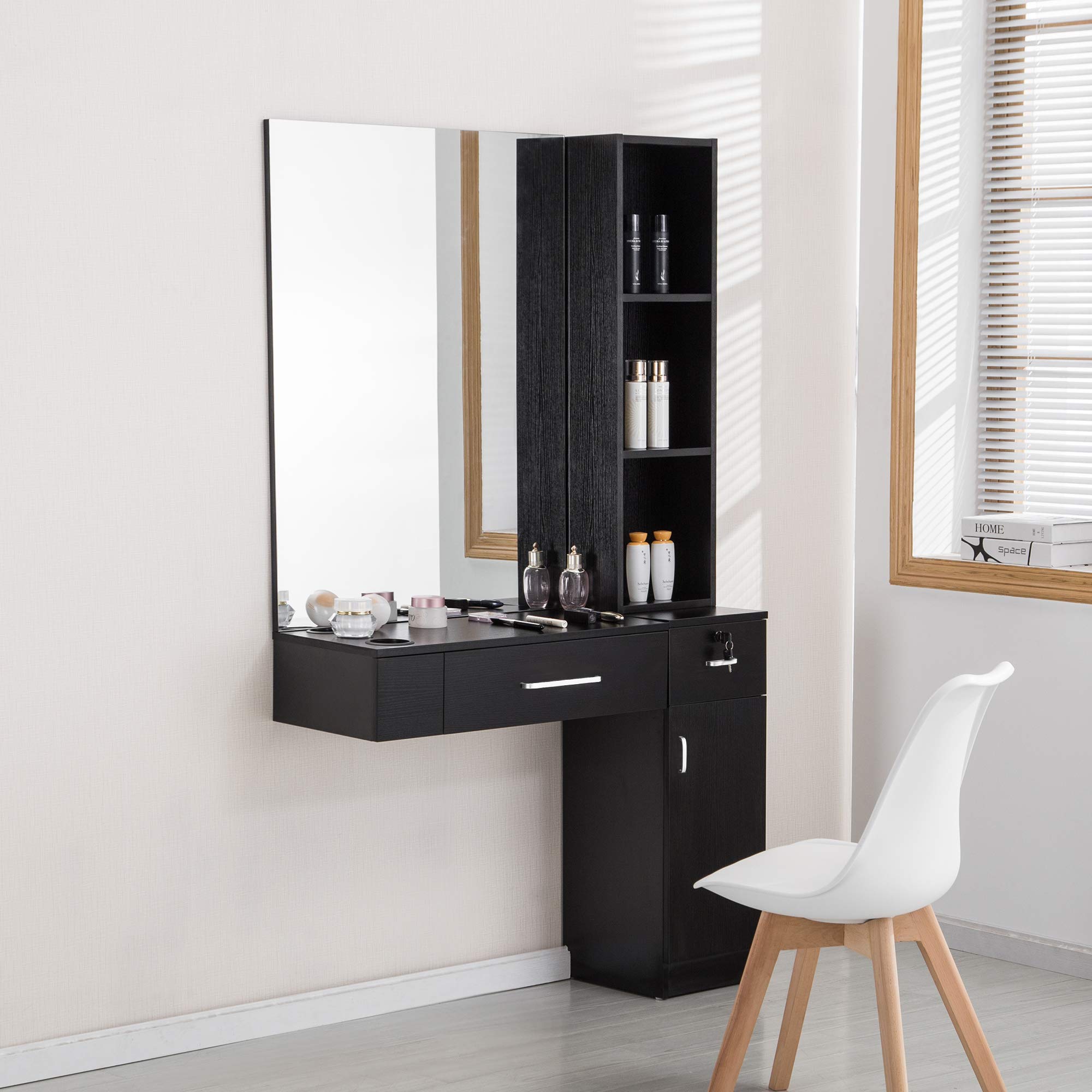BarberPub Wall Mount Salon Station with 3 Hair Dryer Holders & Mirror - Professional Hair Styling Station for Beauty Salon & Spa - Black (Model 3026) - Perfect for Hair Stylists, Barbershops & Home Salon Setup